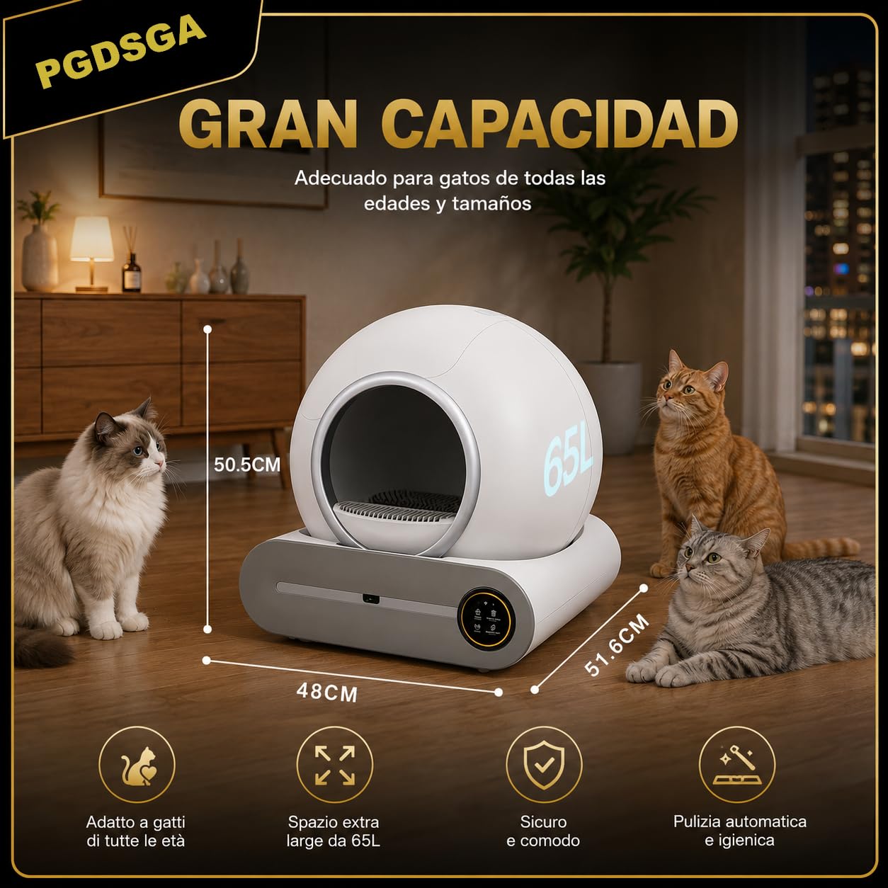 Lettiera Autopulente Per Gatti 65 + 9 Litri, Con Controllo Tramite App, Lettiera Gatto Autopulente Ideale Per Famiglie Con Più Gatti