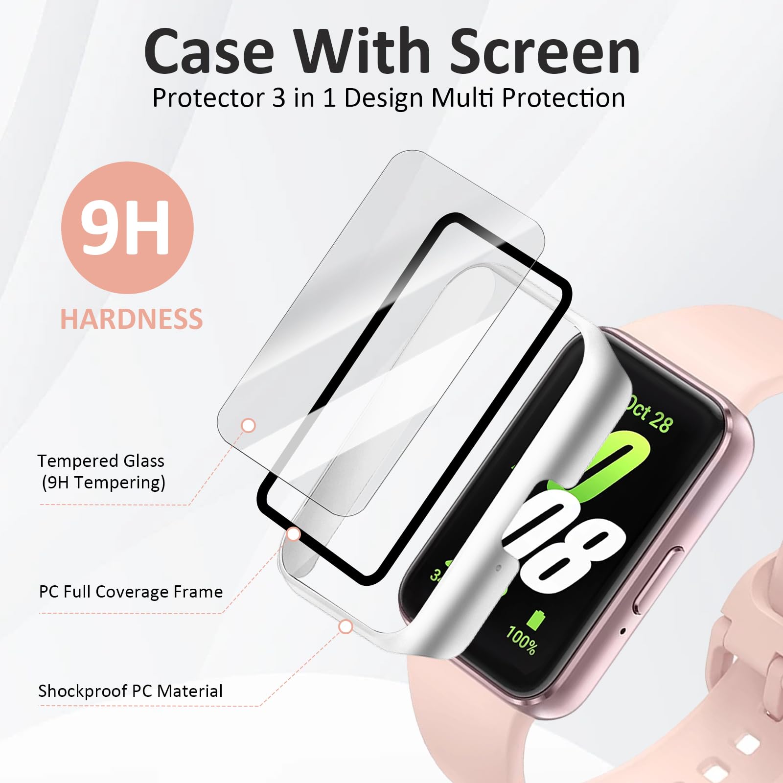 Vancle Etui do Samsung Galaxy Fit 3, 3 sztuki, pełne pokrycie, folia ochronna, twarda ochrona wyświetlacza, folia do Samsung Galaxy Fit 3 (srebrna/różowa/czarna)