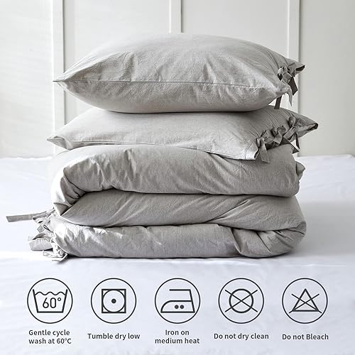 Miniatura 7 de BISELINA Juego de funda de edredón 100% algodón lavado, 3 piezas con correa de lazo, color liso, textura similar al lino, duradera, transpirable,