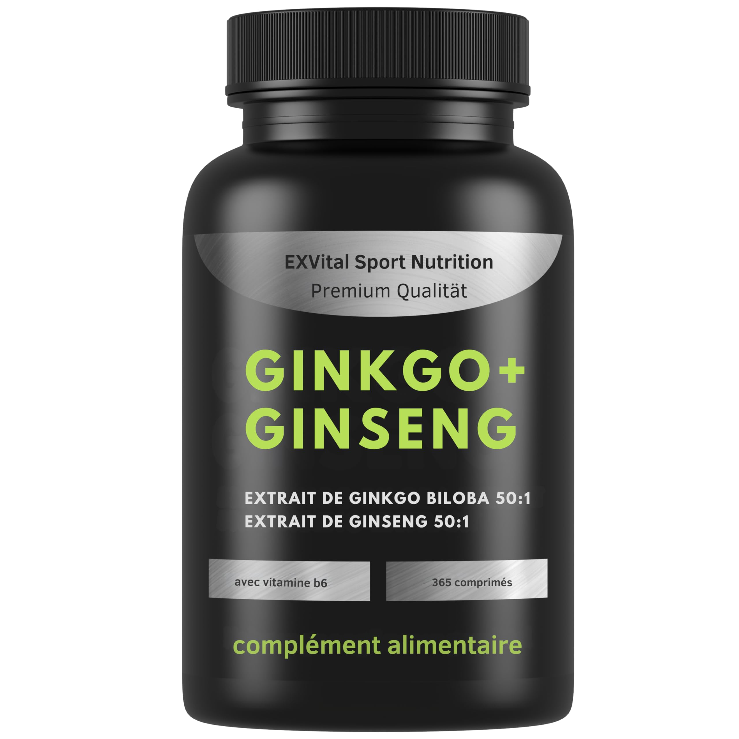 EXVital® Ginkgo + Ginseng, 365 comprimés, extraits de plantes 50:1, hautement dosé – Ginkgo Biloba & Ginseng coréen – Testé en laboratoire – Végan