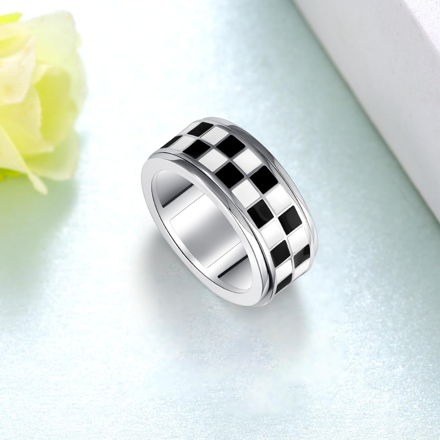 Checkered Ring 925 Sterling Silver Black and White Checkered Anxiety Fidget Rings Jewelry Gift for Women Men