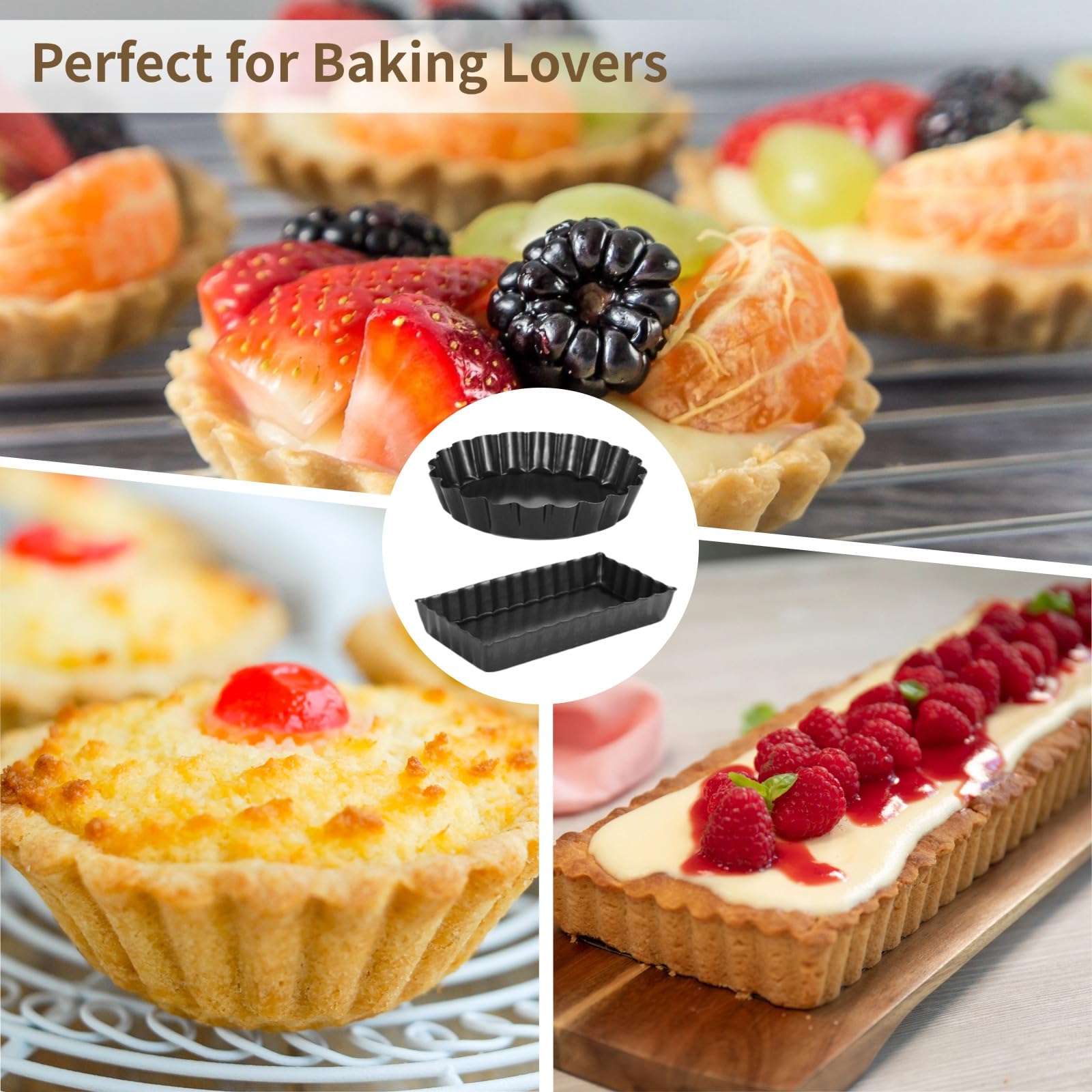 16 mini moldes para tartas, redondos y rectangulares, bandeja antiadherente para quiche con parte inferior extraíble, molde de acero al carbono de 4 pulgadas, juego de moldes laterales estriados para