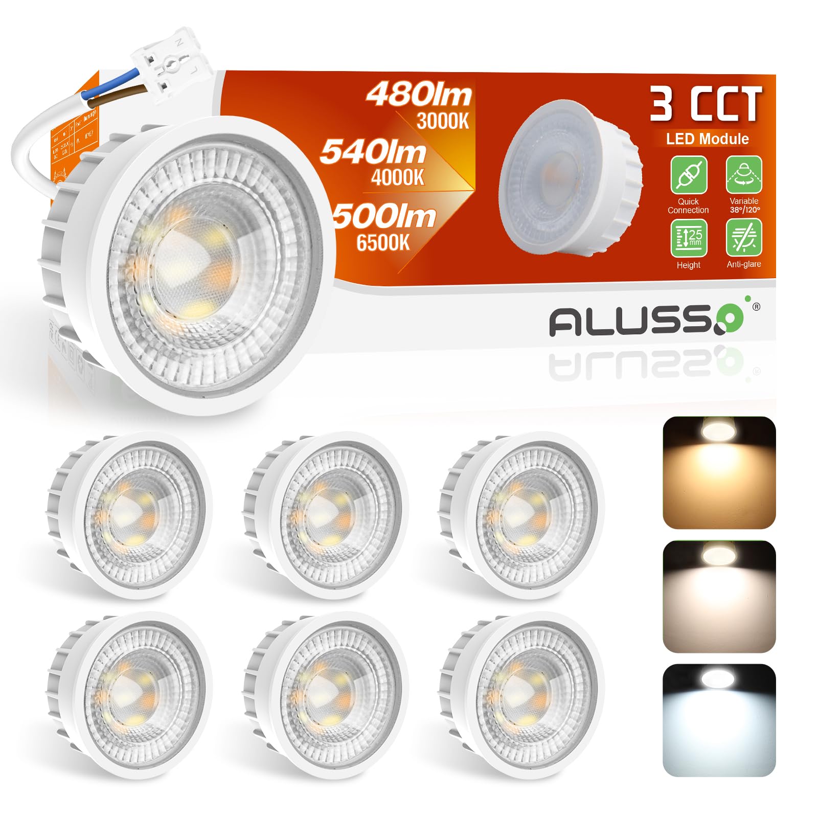 ALUSSO LIGHTING Modulo LED Ultra Piatto ø50x25mm per Faretto da Incasso, 6W 540lm 230V, Bianco Caldo Naturale Freddo Dimmerabile, Sostituisce Lampadine GU10 MR16, Impermeabile IP44, Confezione da 6