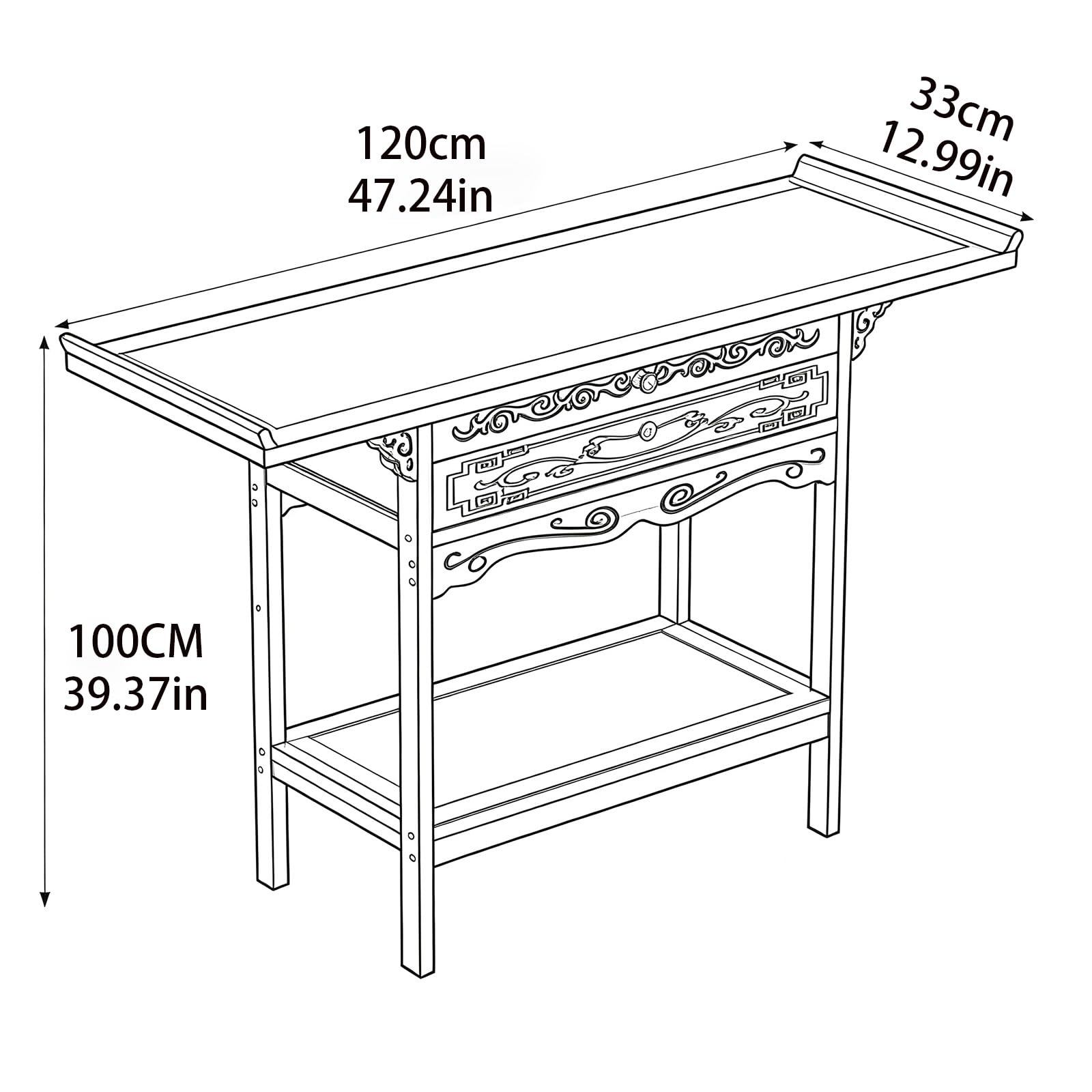 Holz Altarschrank mit Schublade und Ausziehablage | Standdesign mit Schnitzoptik für Wohnzimmer, Schlafzimmer und Arbeitszimmer(A,39.37*47.24*12.99 in)