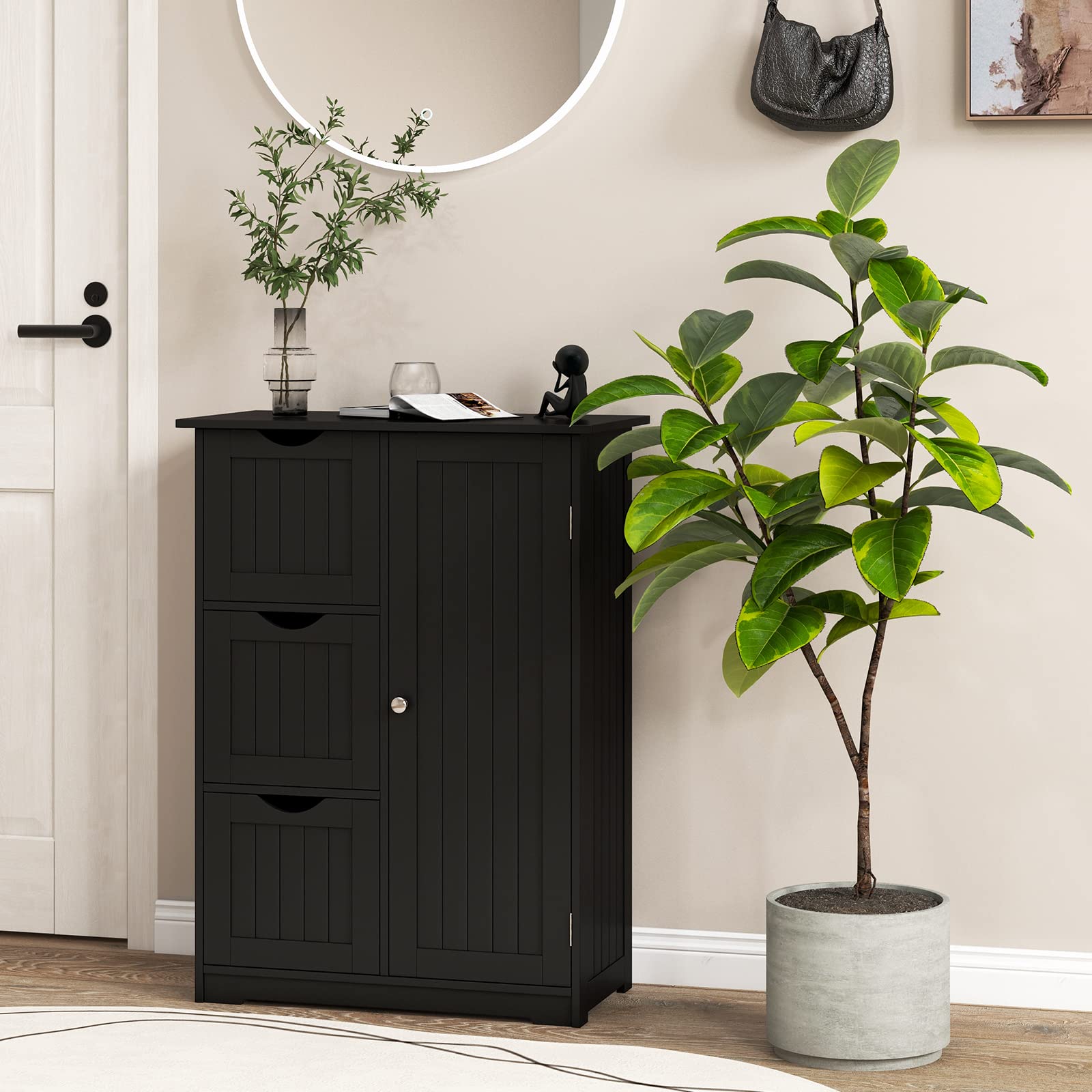 GOPLUS - Mueble de baño con 3 cajones, armario de almacenamiento con puerta magnética, antirrobos y estante ajustable, 58 x 28 x 81 cm, color negro