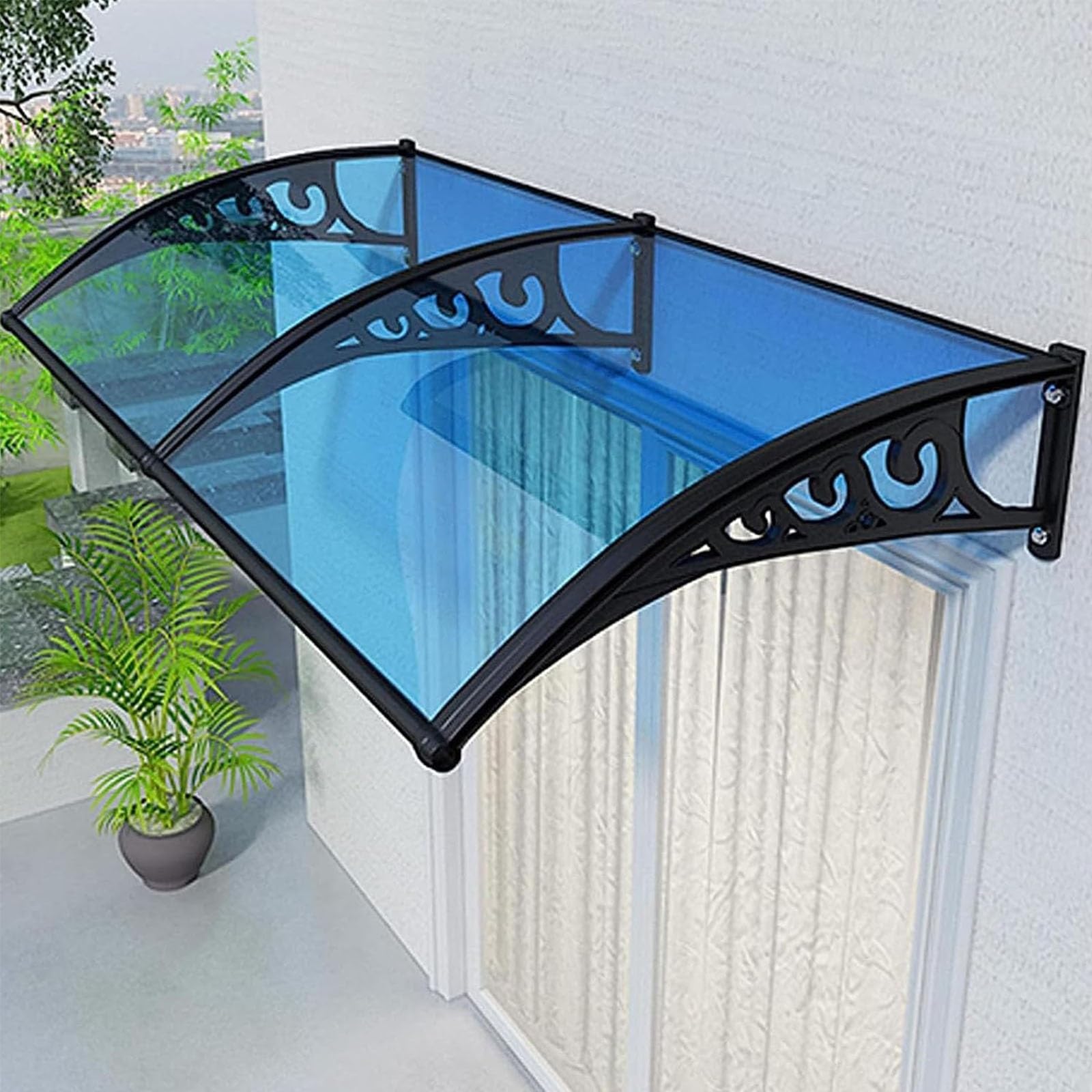Auvent de porte bleu 100 x 380 cm pour protection de terrasse