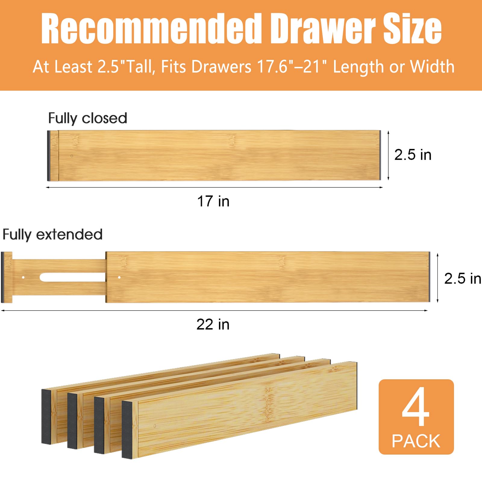 Bambus-Schubladenteiler, verstellbarer Küchen-Schubladen-Organizer für Kleidung (43–56 cm), 4er-Pack ausziehbare Schubladenteiler für Schlafzimmer, Badezimmer, Kommode und Büro, Natur