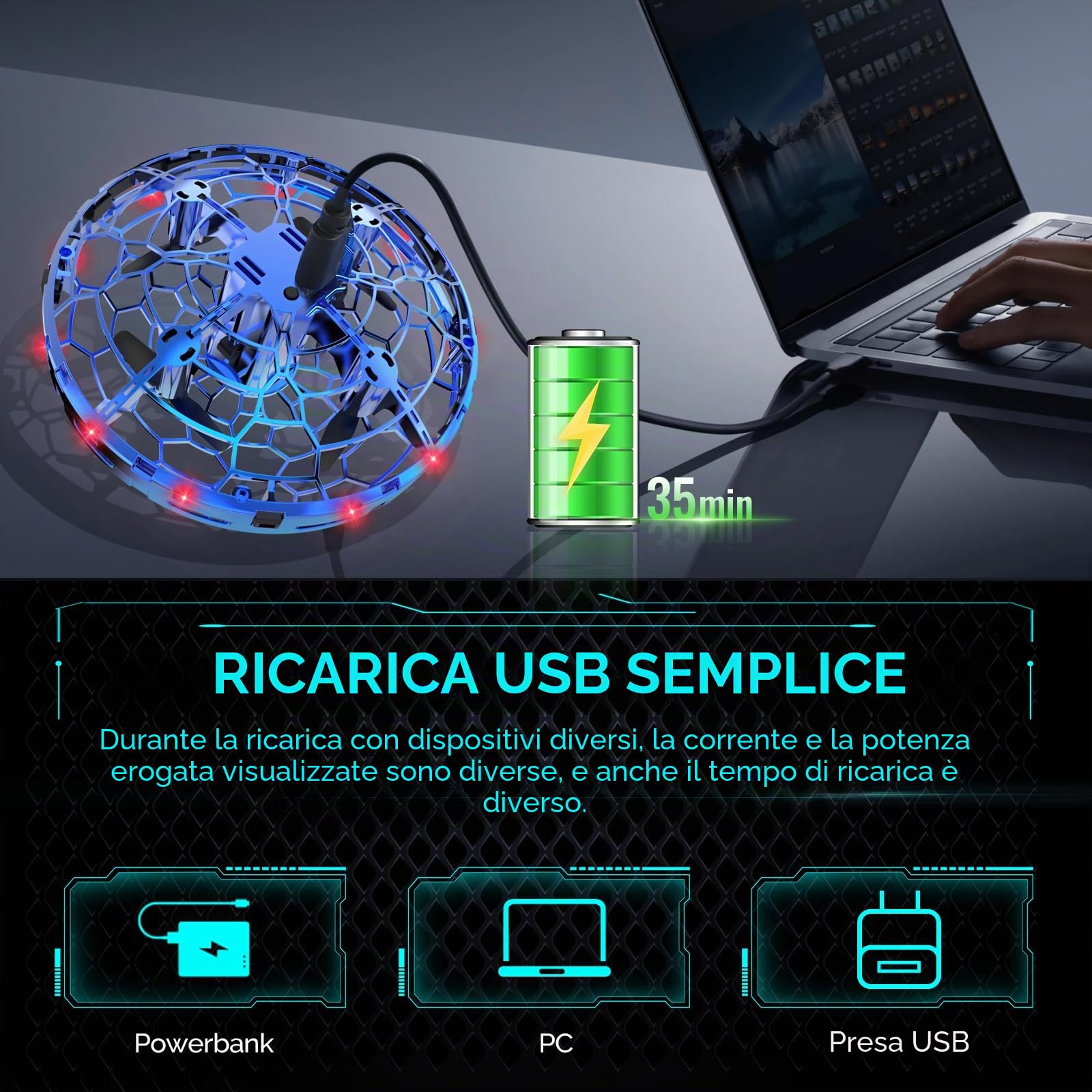semai Mini Drone UFO palla volante, giocattolo volante, controllato a mano, rotante a 360° con effetto hover, con luce LED, regali per interni ed esterni, per bambini, ragazzi, ragazze, 6, 7, 8, 9, 10