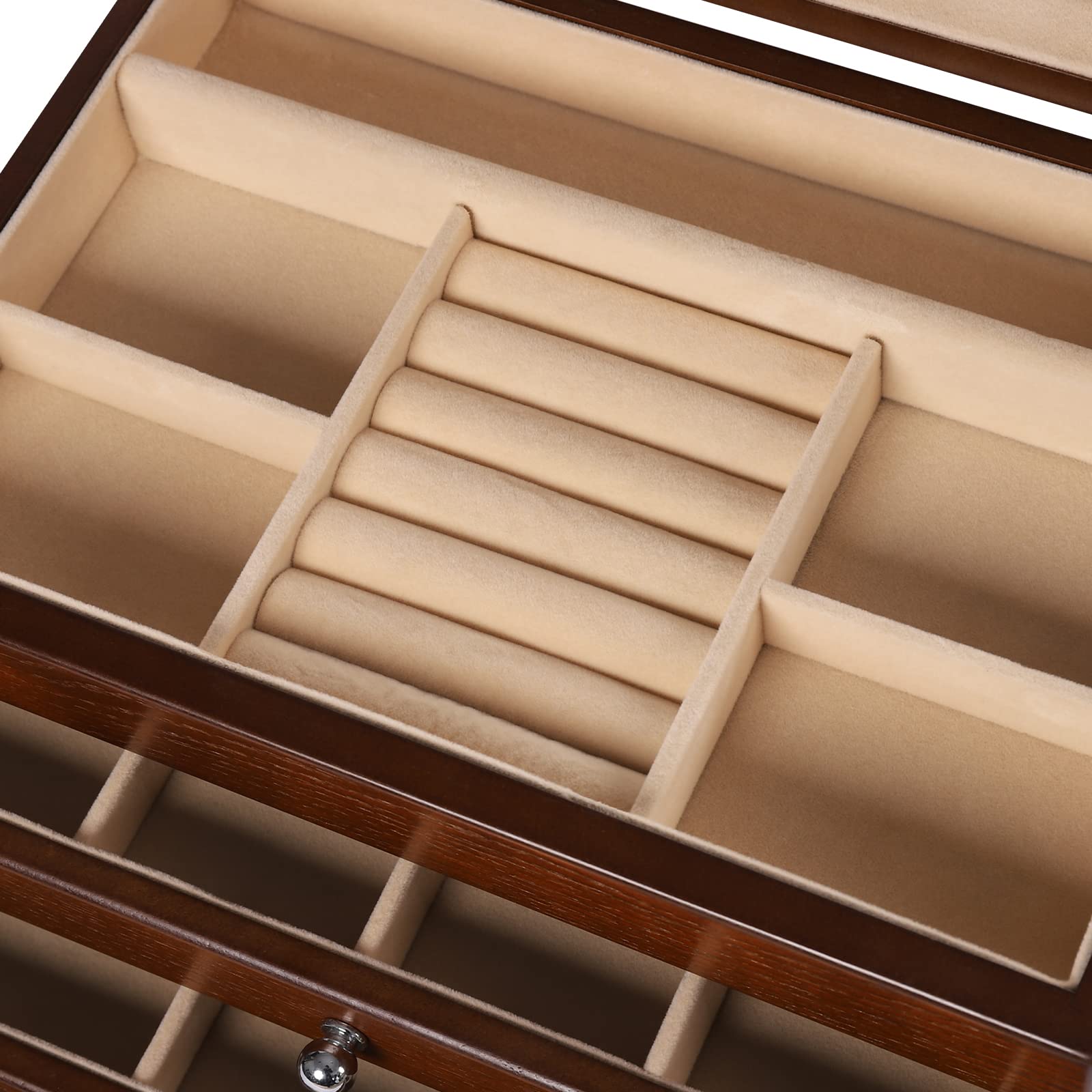 jewellery box in legno, 4 strati, portagioie con cassetti, a specchio, per donne, collane, occhiali da sole, bracciali, 30 x 20 x 21 cm