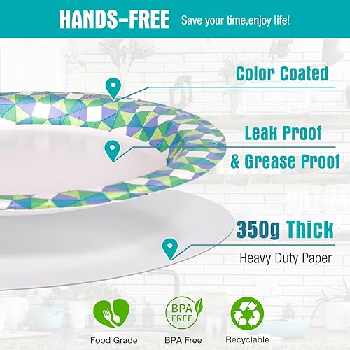 Miniatura 5 de Charmount Platos de papel desechables a granel de 10 pulgadas, 100 unidades, platos llanos impresos gruesos, a prueba de remojo, a prueba de cortes,