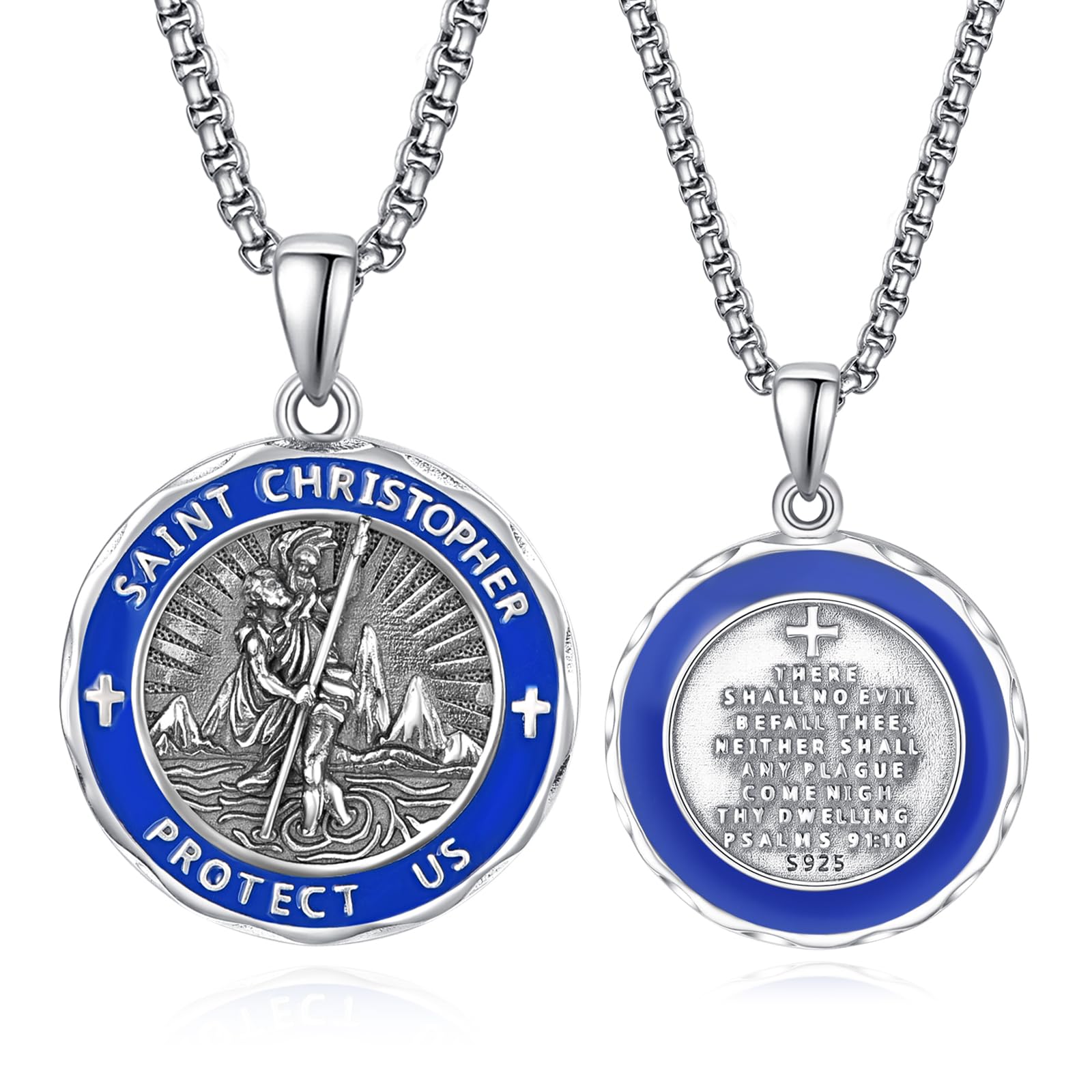 ADMETUS 925 Sterling Silver Patron Saint Medals Amulet Necklace Protection Jewelry for Men with 2.5mm 22"+2" Round Box Chain