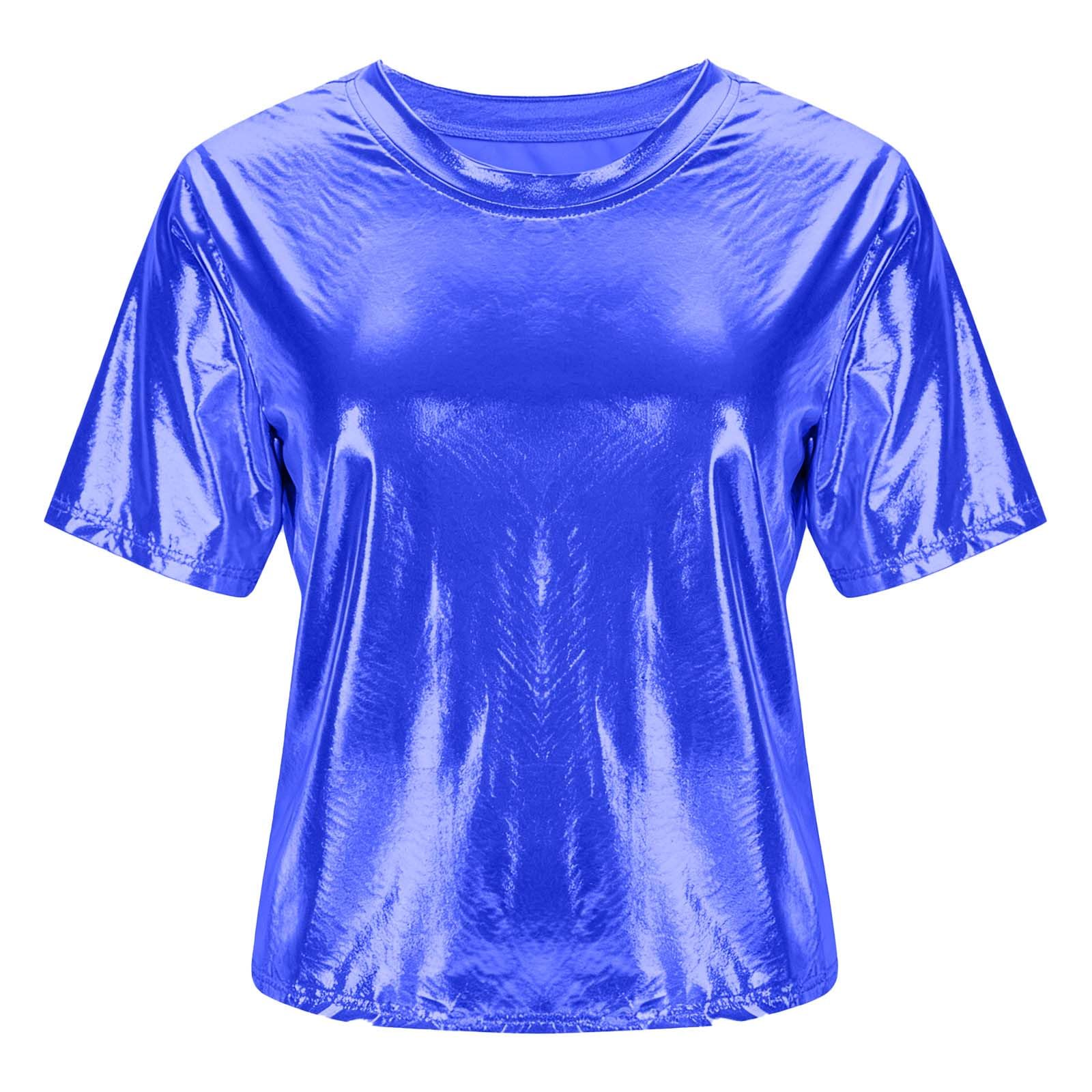 Silver Metallic Look Tops Women Glitter Space Alien Costume 80s Style Party Dance Disco Carnival Blouse Shiny Holographic Tunic Fitted Short Sleeve Tops Festival Hip-Hop Disco Club Clothing - Image 4