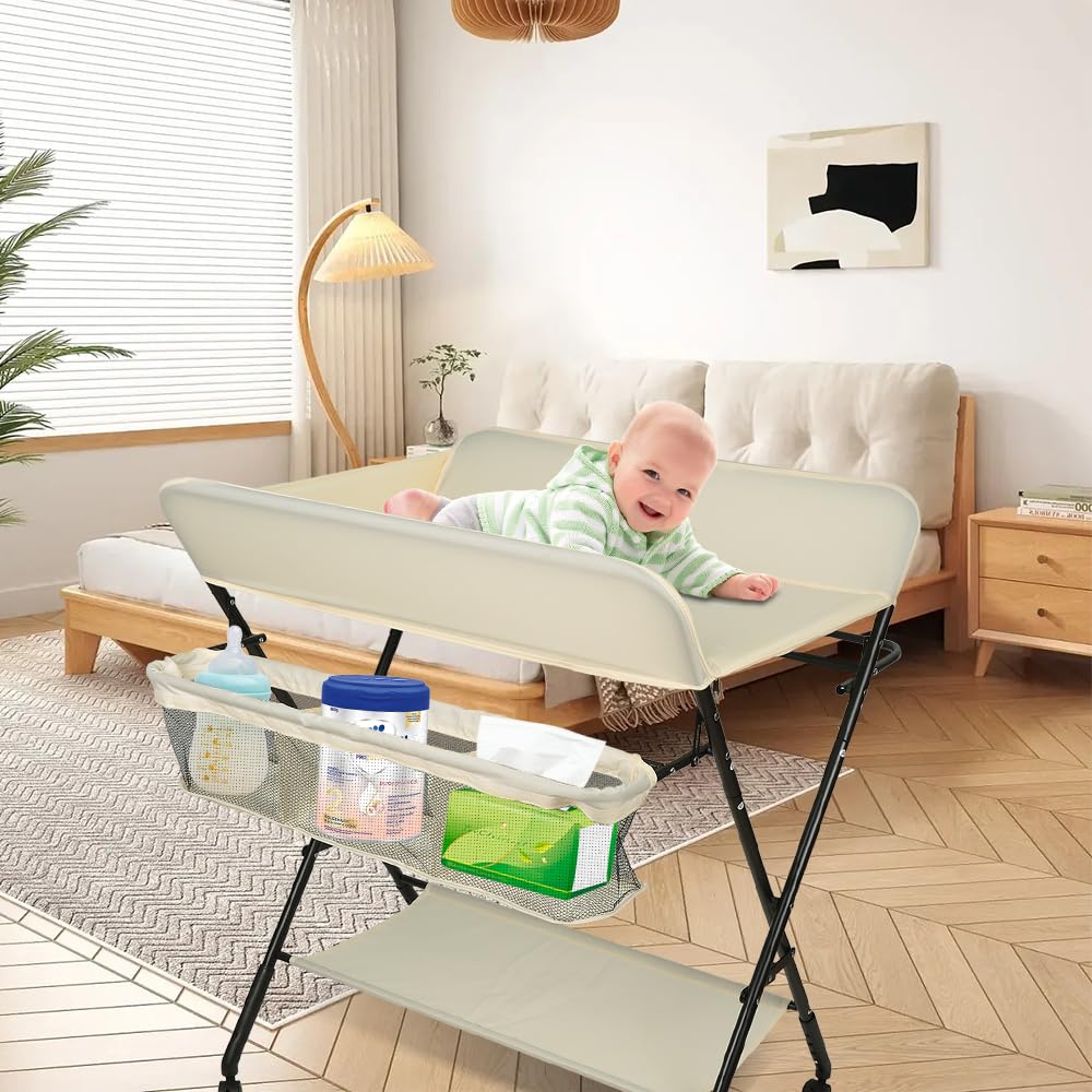 OHMG Table à Langer Bébé Pliable Compacte - Réglable En Hauteur, 4 Roues Avec Frein, Ceinture De Sécurité Et Panier De Rangement