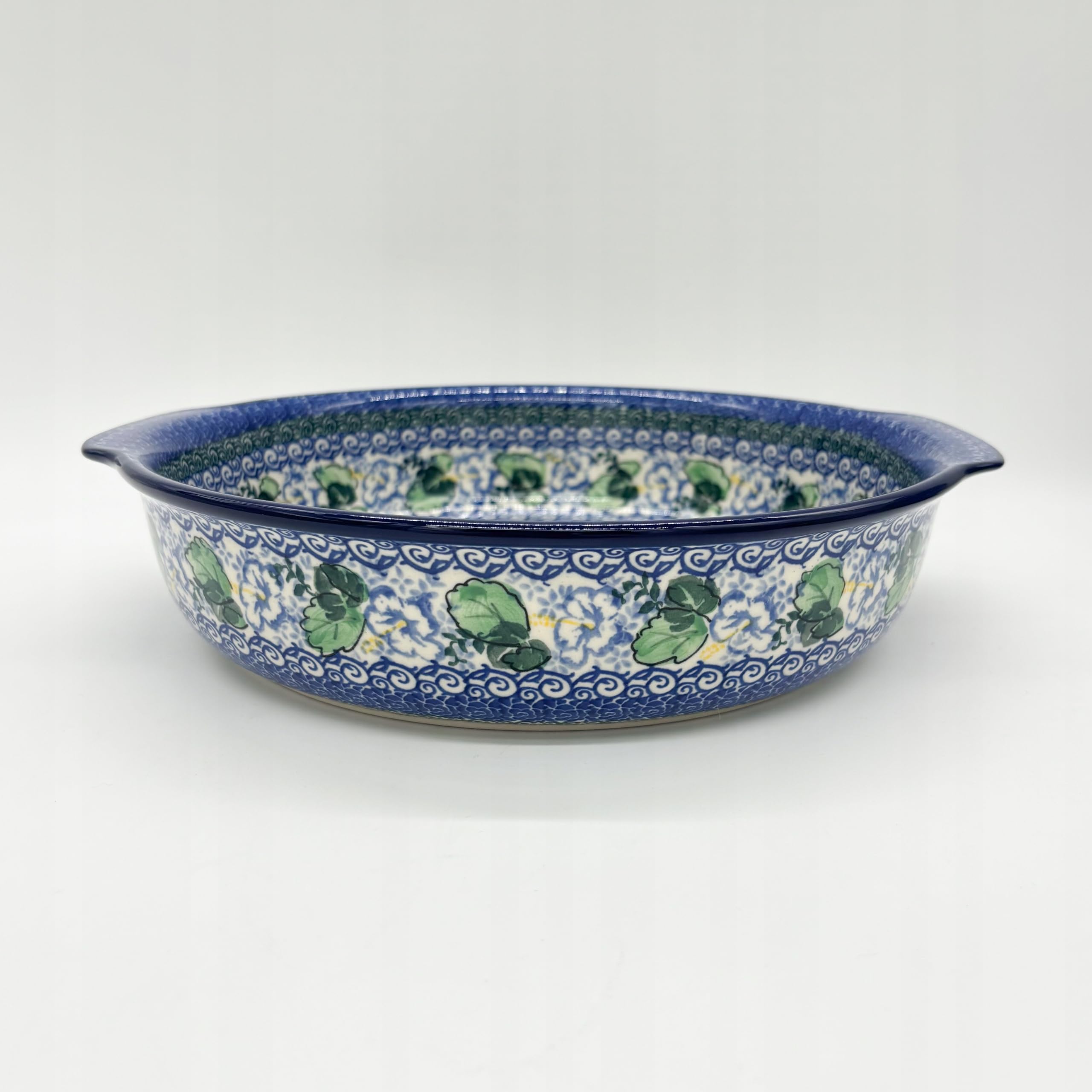 Bunzlauer Keramik Auflaufform, Handgefertigt, Blau-Grün Traditionelles Muster, 28 cm Durchmesser, 6,5 cm Höhe, Backform zum Servieren