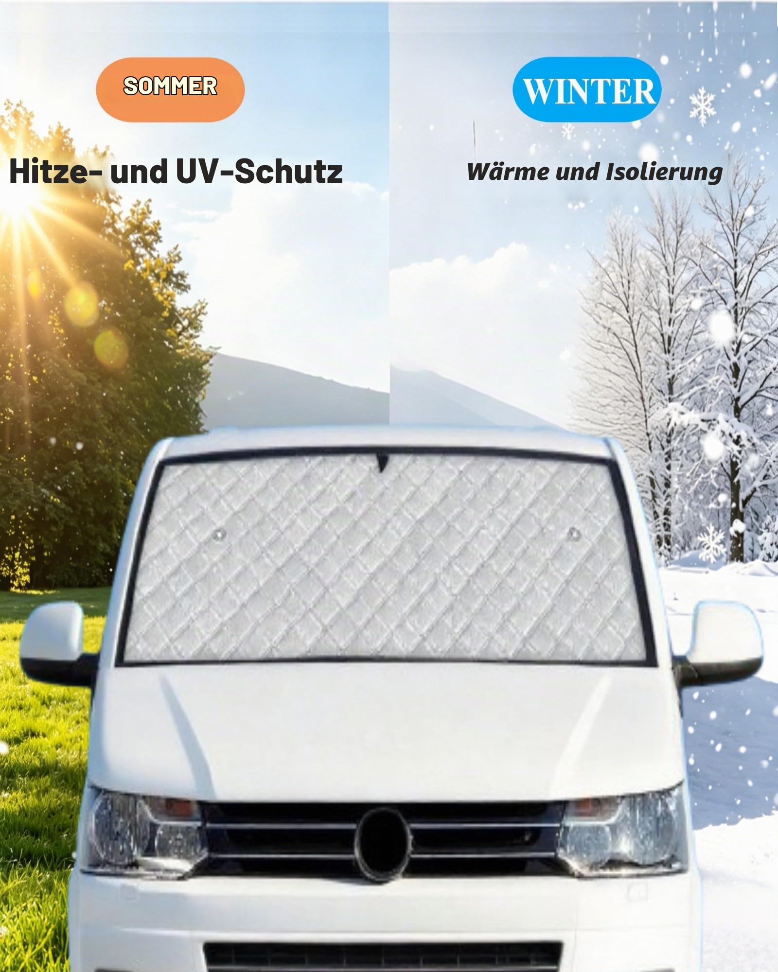 Auto Thermomatte Fahrerhaus Innen für VW T5 T6 LWB, 8 Stück Frontscheibenabdeckung Thermorollo Set Sonnenschutz Frontscheibe Innen Verdunkelung Windschutzscheiben Schutz mit Aufbewahrungstasche (8PCS)