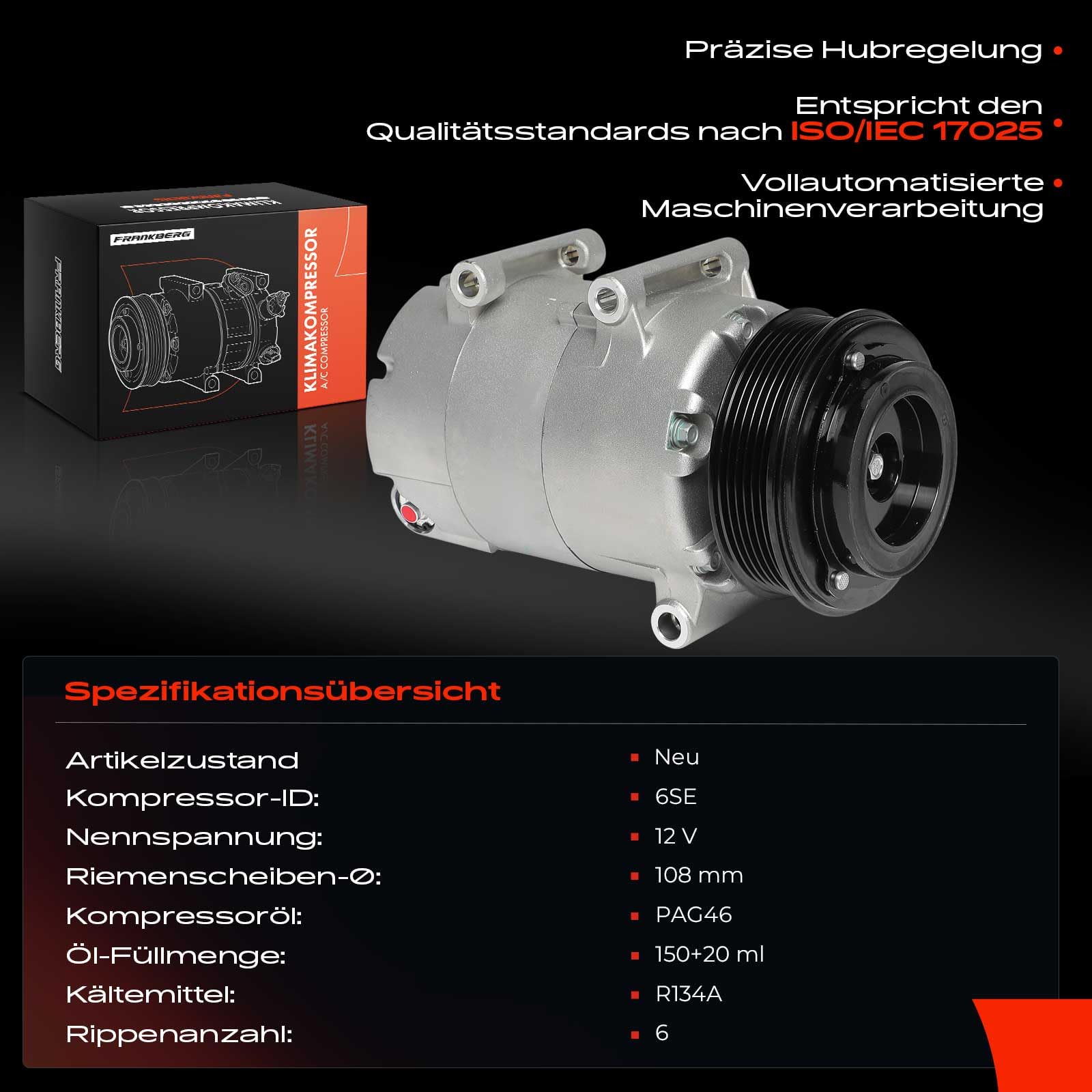 Frankberg Klimakompressor Klimaanlagen Kompressor mit Kupplung Diesel Kompatibel mit Galaxy WA6 Mondeo IV BA7 S-Max WA6 S80 II 124 V70 III 135 Replace# 8FK351334051, inkl. Öl vorbereift