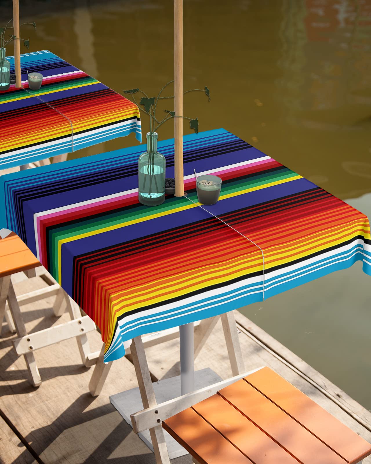 60 Inch Square Outdoor Tablecloth with Umbrella Hole and Zipper, Bohemia Waterproof Patio Cloth Tablecloths, Mexican Colorful Stripes Vibrant Colored Outdoor Table Cloths for Picnic/Party