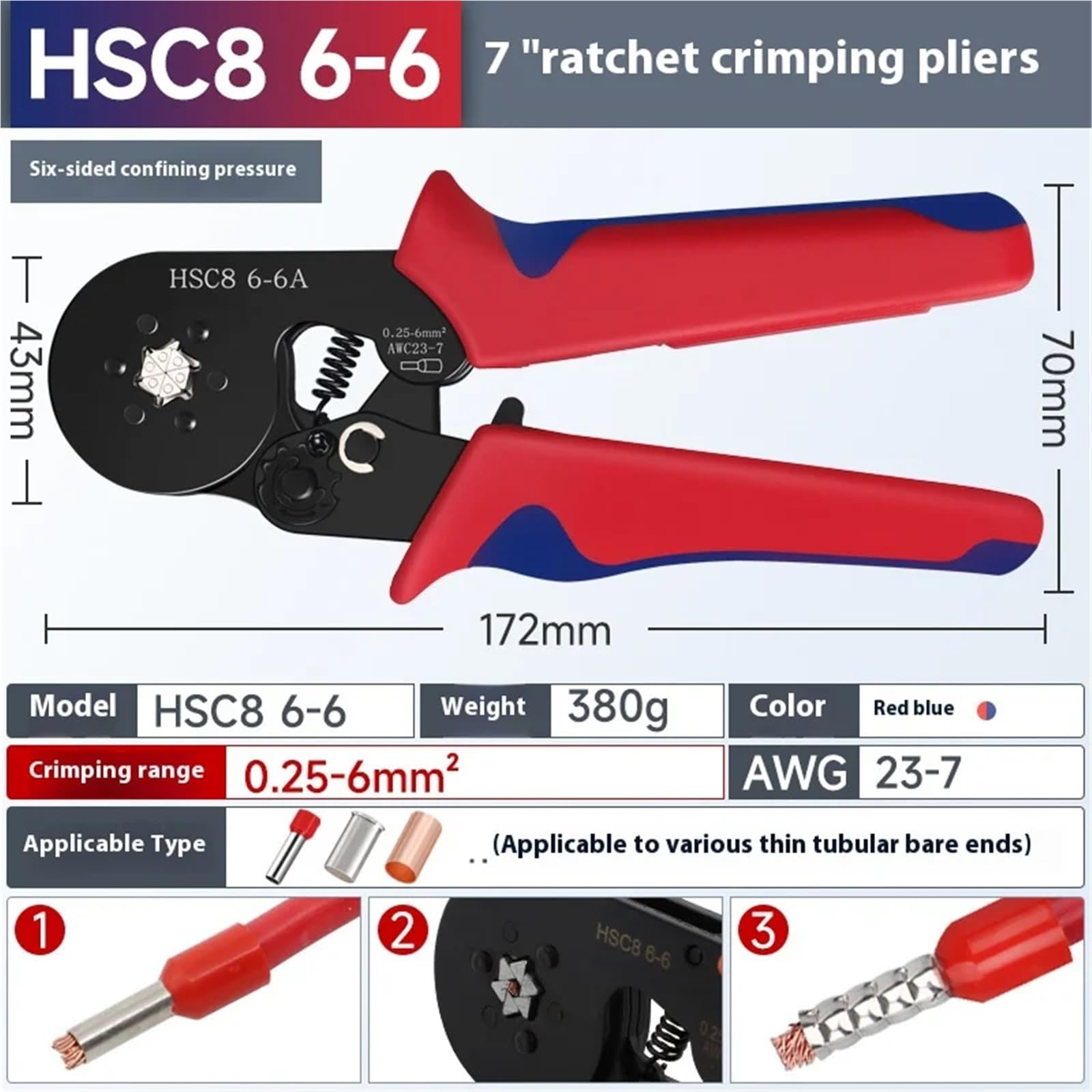 Kit de alicates de crimpado eléctrico for terminales de tubo de crimpado de extremos de cables HSC8 6-4/6-6(HSC8 6-6A)