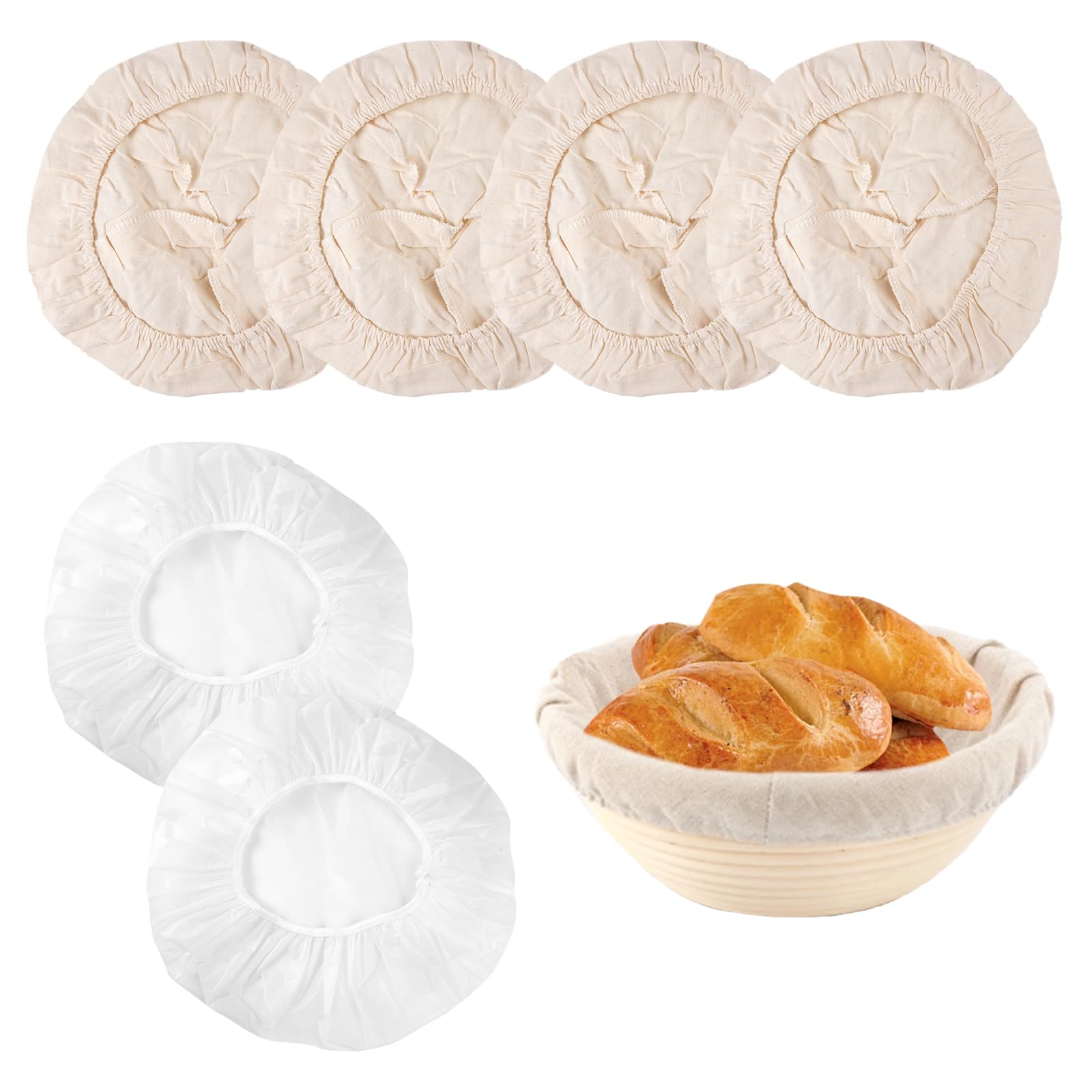 4 + 2 Pezzi 25 Cm Cestino Lievitazione Pane & 28 Cm Coperchio per Lievitazione del Pane, Inserto in Lino per Cestini di Lievitaziones per Di Cucina, Cottura in Casa