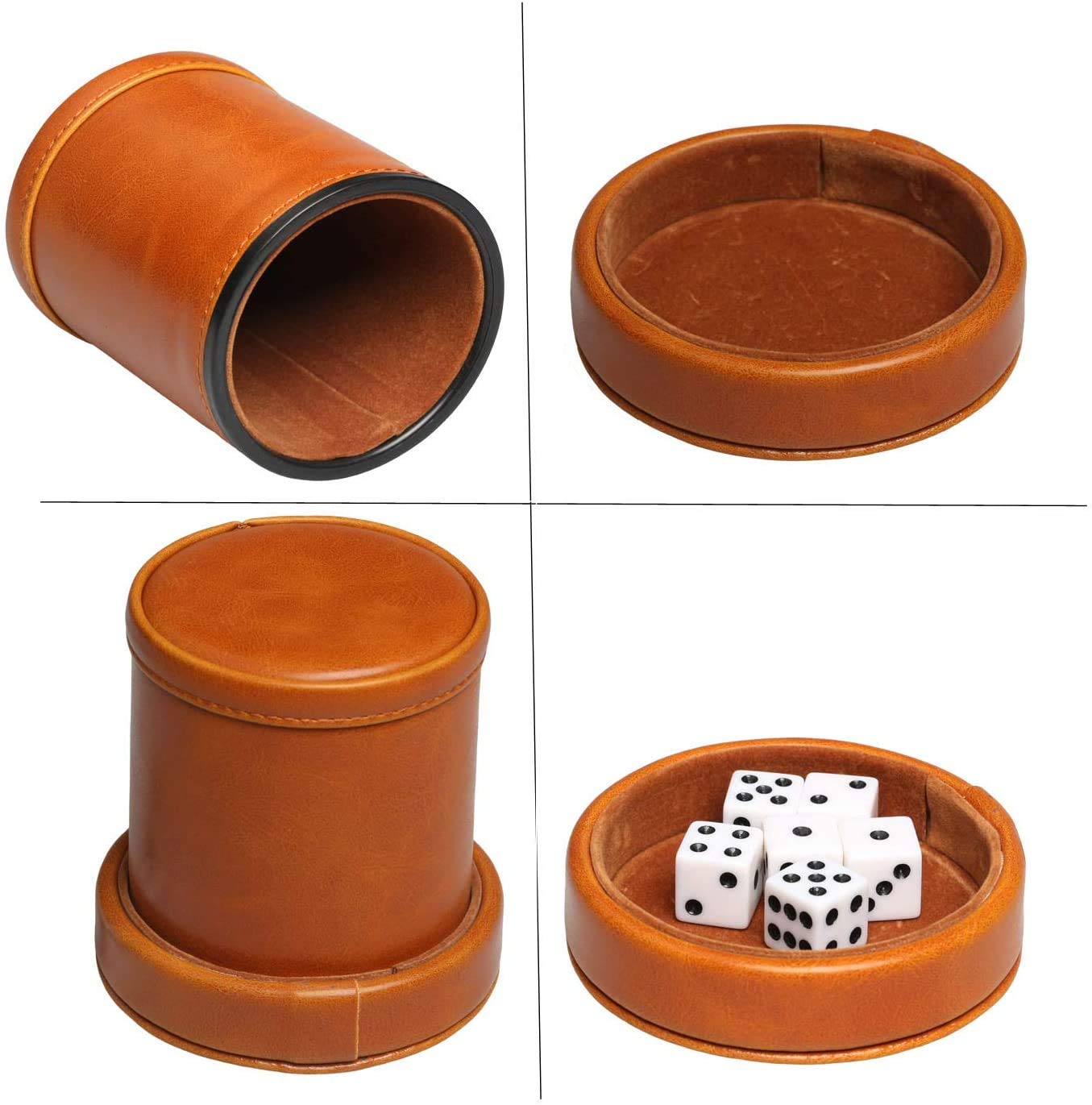 Coupe de dés en Similicuir avec Couvercle Comprend 6 dés, intérieur en Velours Silencieux à secouer pour Les Jeux de société Liars Dice Farkle Yahtzee, Marron