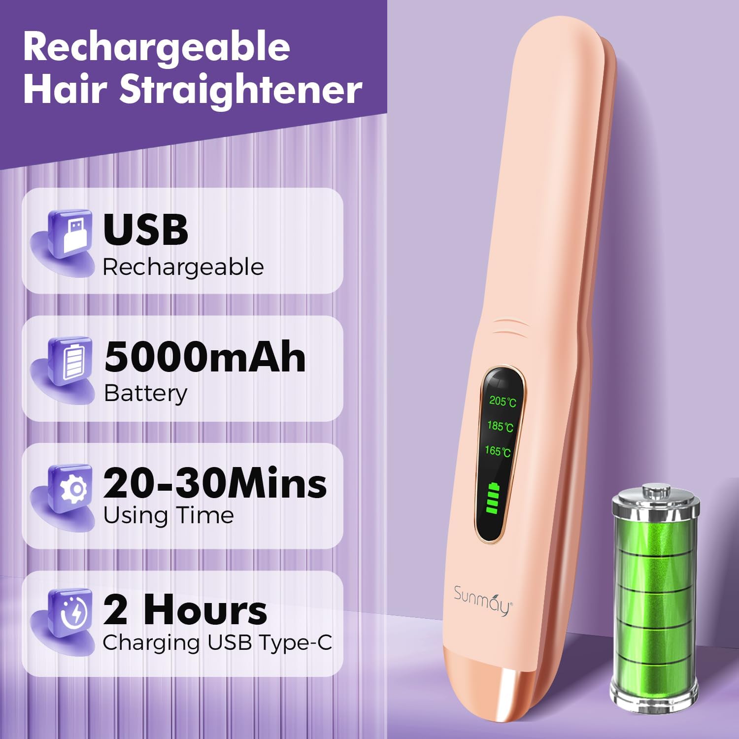 SUNMAY Cordless Hair Straightener, Titanium Portable Straightener for Travel, Dual Voltage Cordless Flat Iron Hair Straightener 2 in 1 with Comb & Clip for Women, Heat-up in Seconds, USB-C Fast Charge - Image 6