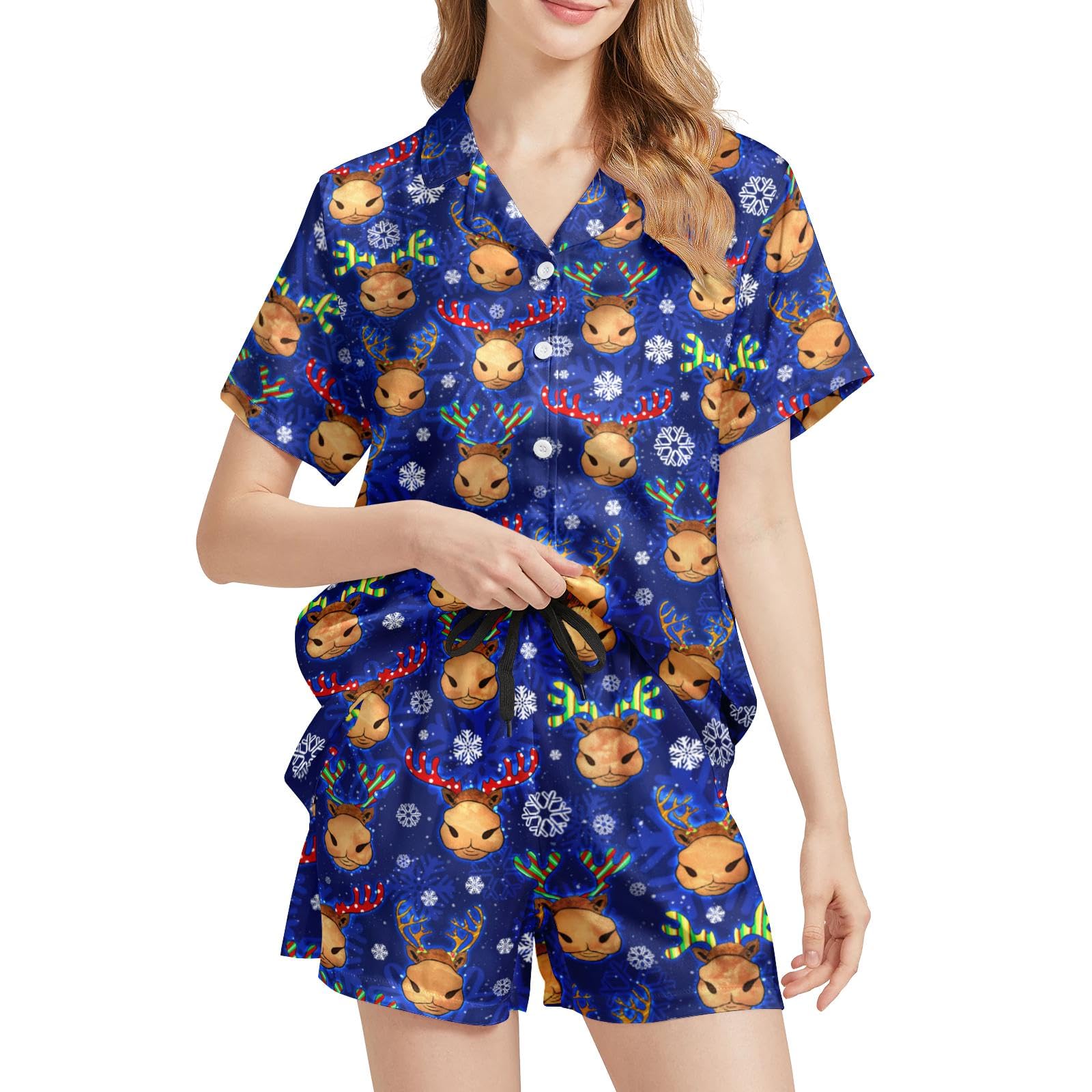Funny Pajamas for Women Set Print Satin Loungewear Pjs Short Sleeve Button Down Top and Shorts Sets Sleepwear XS-3XL