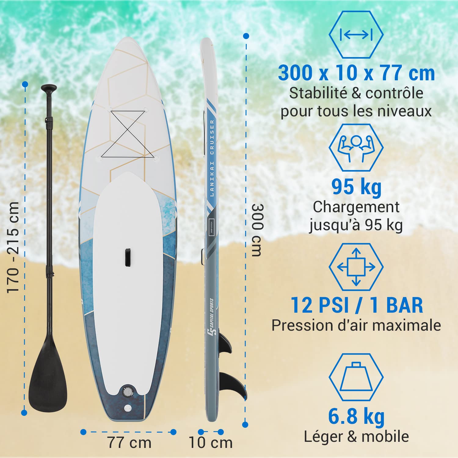 Paddle Board Gonflable Capital Sports - Stand Up Paddle Adulte/enfant, Kit Complet Avec Pagaie, Sac, Pompe - Stable, PVC Double Couche
