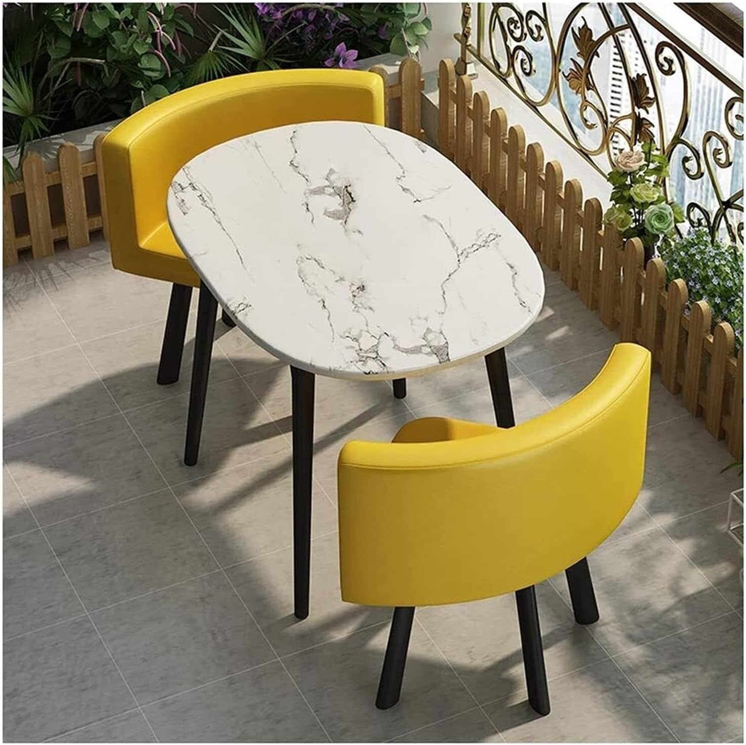 Conference Reception Room Coffee Table with 2 Chairs, Leisure & Chair Set, Marble-Like Wooden Top, PU Leather Chairs for Office, Balcony, Small Apartments,Black+red