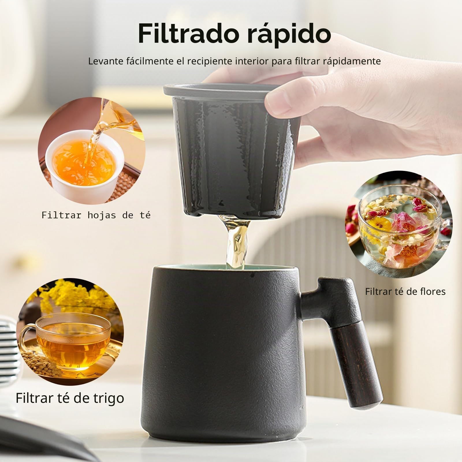 Taza de té con tapa y colador, 400 ml, mango de madera, tazas de té de cerámica mate con colador de té y tapa, taza de té con colador de té para amantes del té, esmalte negro rociado a mano para