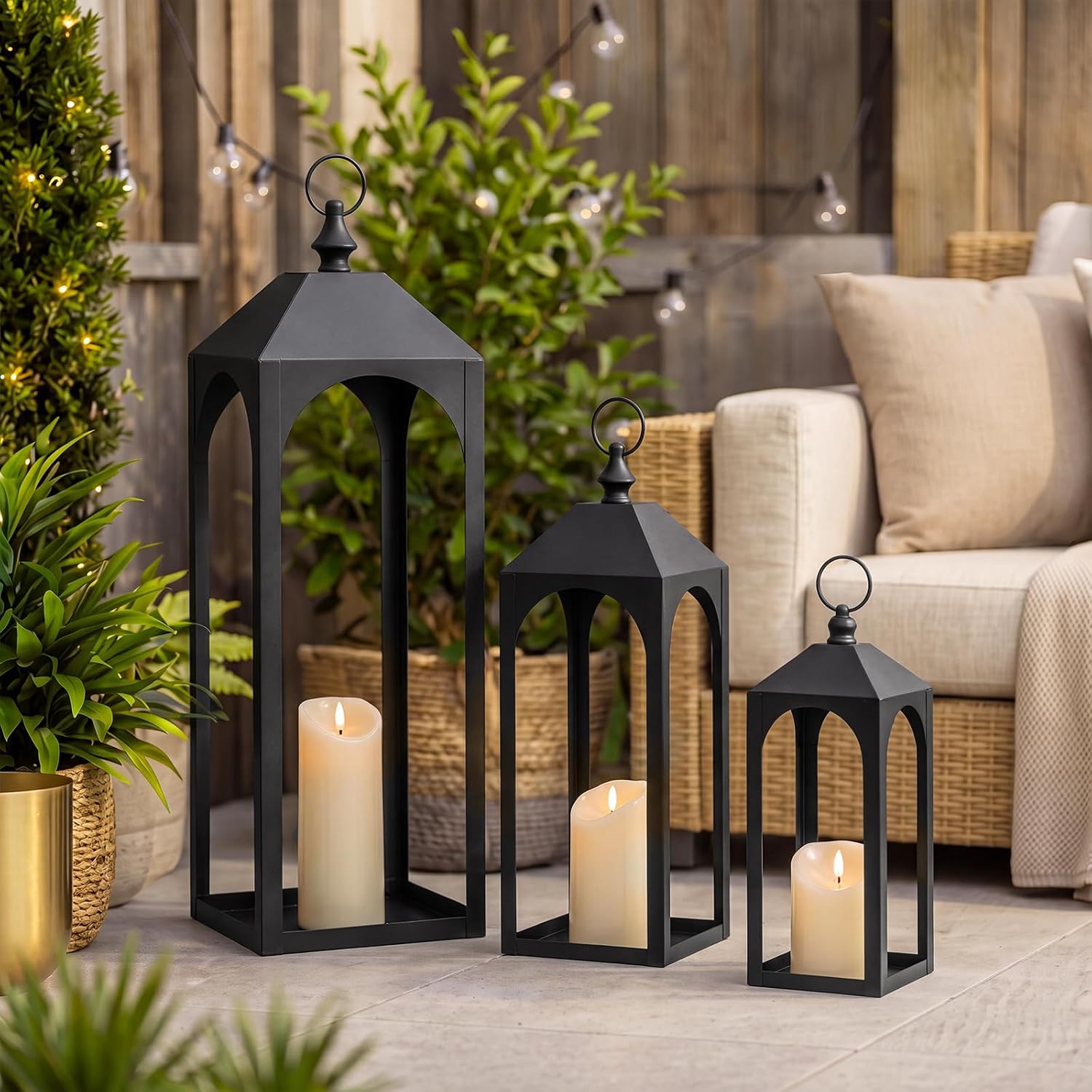 25"&19"&13" Large Decorative Lantern Outdoor Indoor, Set of 3 Black