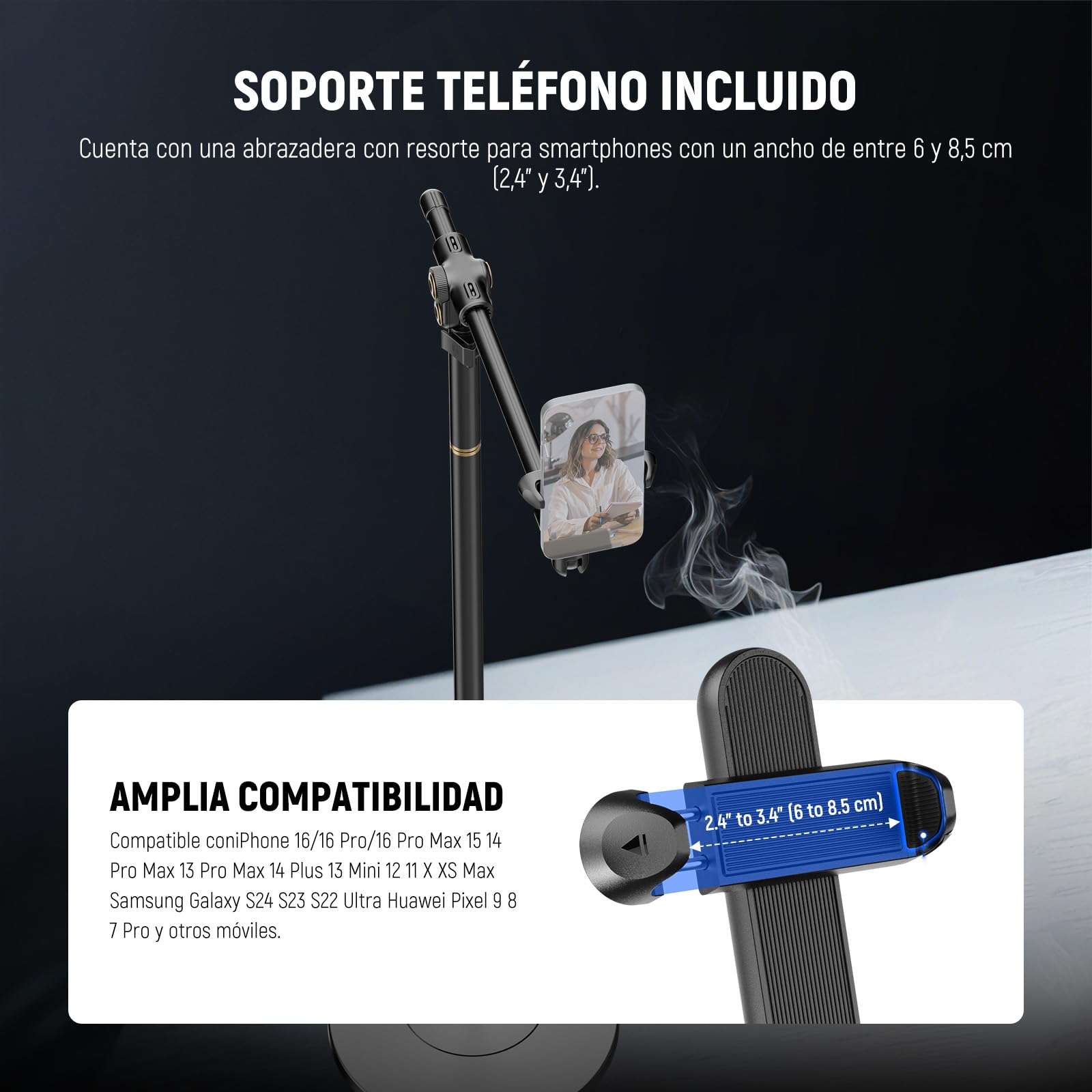 NEEWER BASICS ST009 - Soporte de suelo para teléfono con brazo de extensión horizontal, soporte ajustable para teléfono de cama compatible con iPhone 16 15 Pro Max Plus Samsung para grabación de video