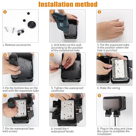 Outdoor Socket, Outdoor Double Sockets with 3M Extension Cable, IP66 Weatherproof Wall Electrical Outlets with On-Off Switch and Indicator Light, Outside Plug Socket for Garden Garage Yard