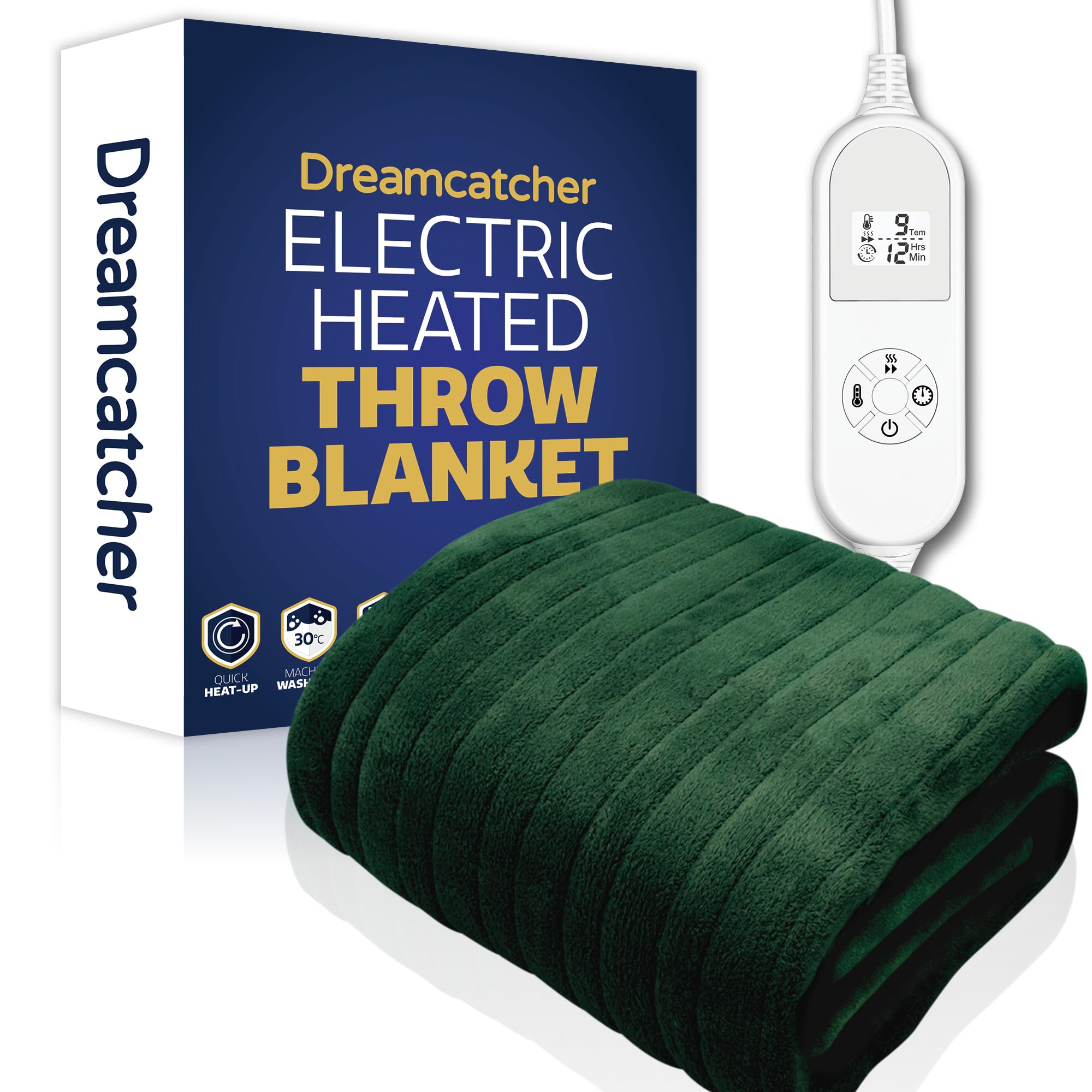 Dreamcatcher Green Heated Throw Electric Blanket, 160 x 120cm Heated Blanket Machine Washable Soft Fleece Electric Throw Overblanket with 12HR Timer and 9x Control Heat Settings