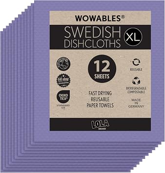 Swedish Dishcloths for Kitchen XL, 12 Sheet Roll, Biodegradable & Compostable, Reusable Paper Towel Cleaning Cloths, 11" x 10", No Odor, Washing Dishes, Ultra Absorbent Cellulose Sponge Towel, By LOLA