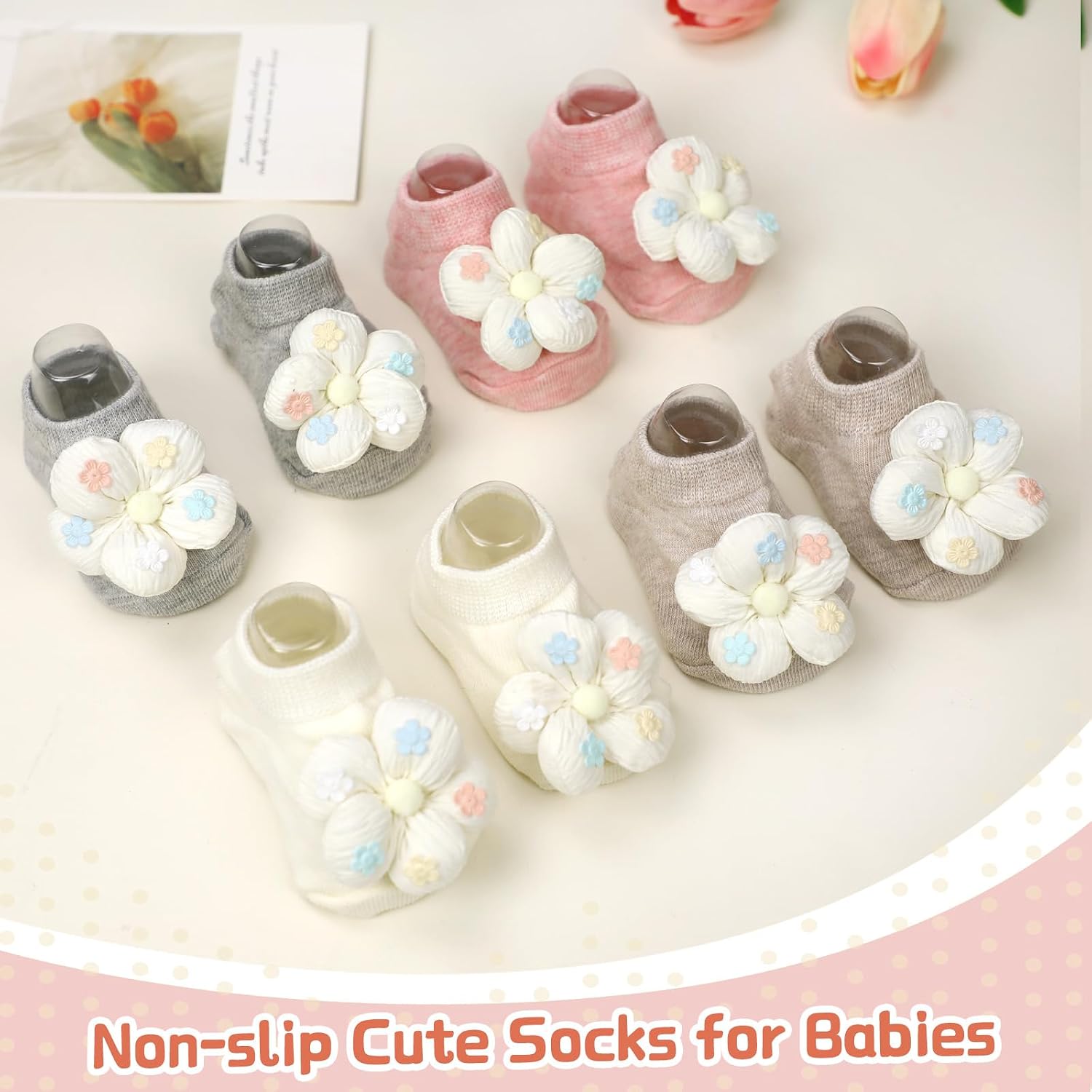 MIUXUESO 4 Pairs Baby Girl Socks, Flower Non-Slip Low Ankle Socks with Grips for Newborn Toddler Infants