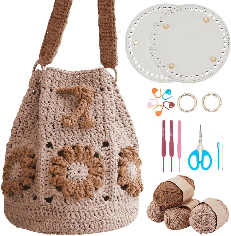 FREEBLOSS DIY Granny Square Bucket Bag Crochet Bucket Bag Crochet Kit for Beginners Adults with Step-by-Step Video Tutorials Knitting Handbag Set