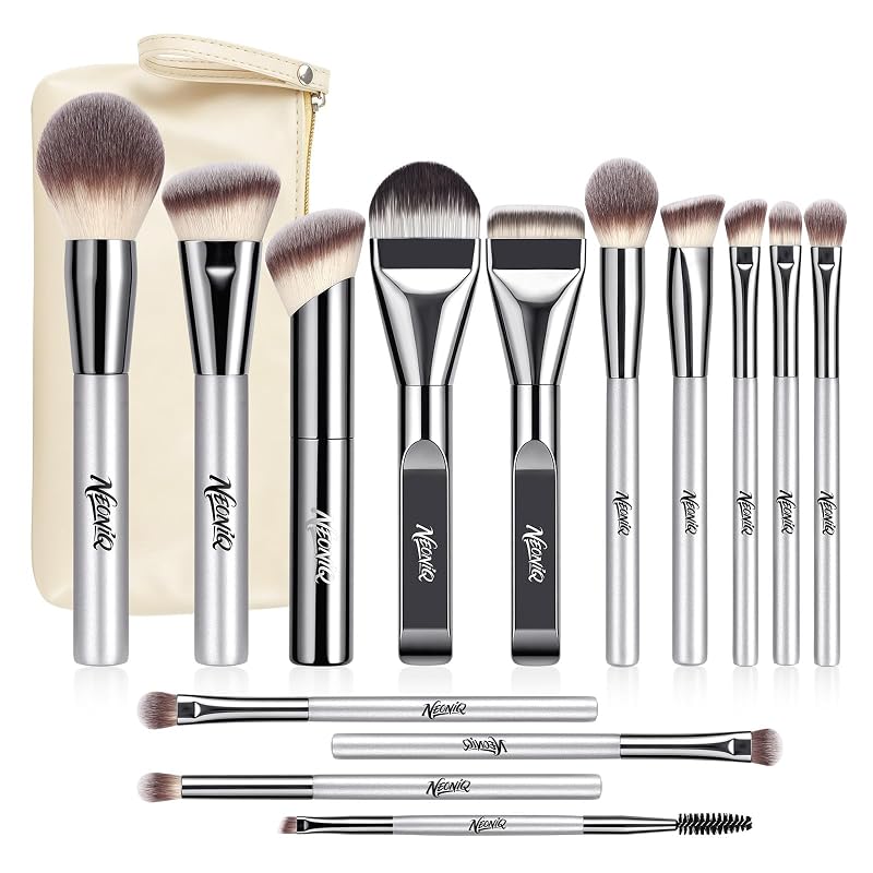 Kit com 14 pincéis de maquiagem NEONIQ com nécessaire de viagem – Silver