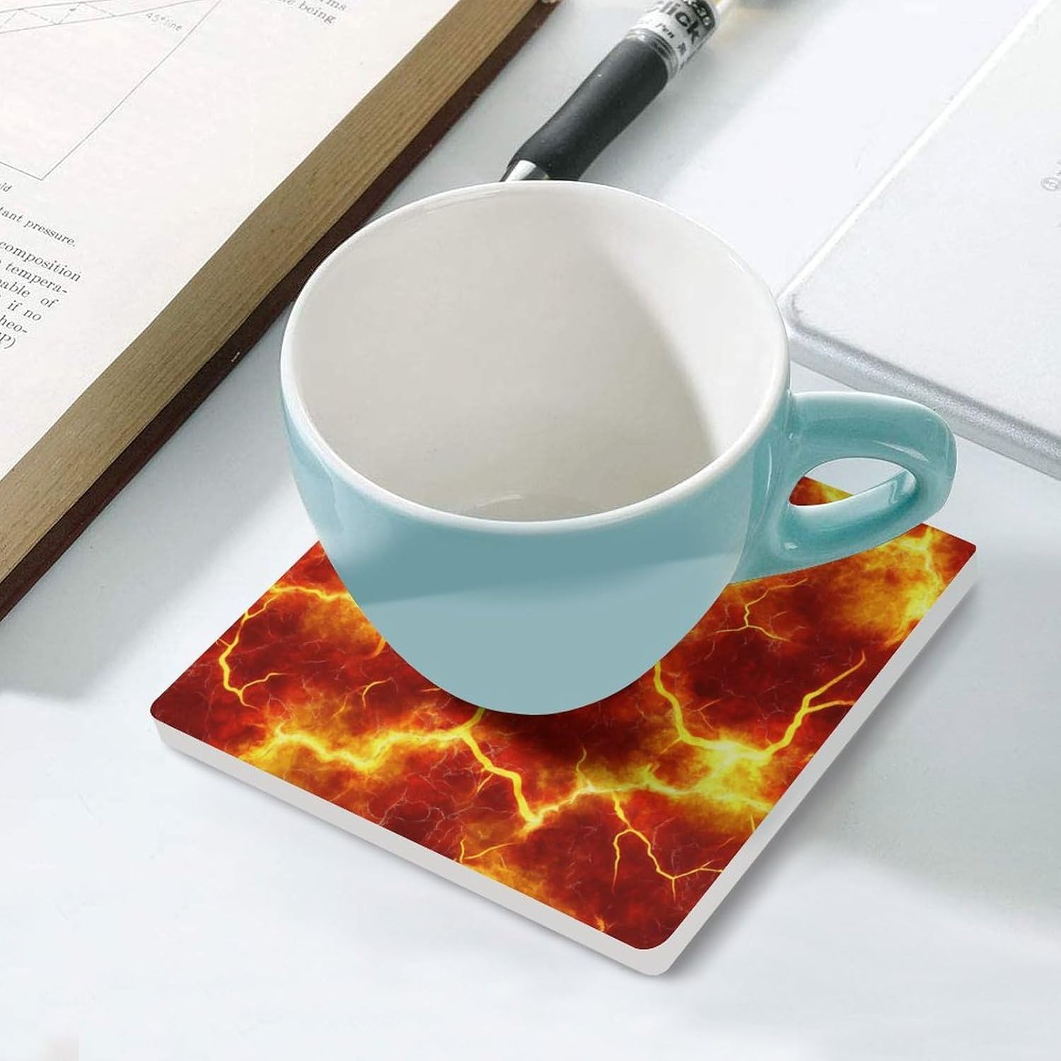 Red Lava Coasters for Drinks Square Table Coasters Set Cup Mats with Cork Base