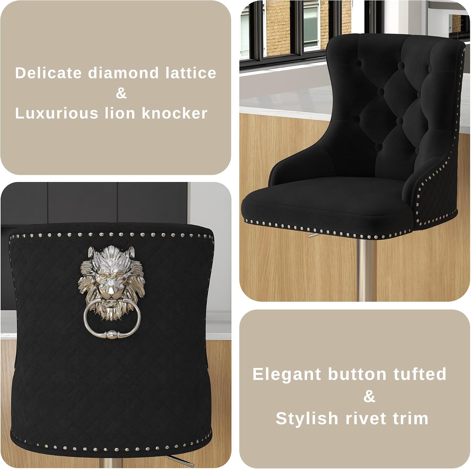 Velvet Bar Stool Set of 2 Lion Pull Ring Swivel Chair for Kitchen Counter Nailhead Upholstered Barstools Height Adjustable Barstools with Chrome Base for Dining Room Kitchen Black