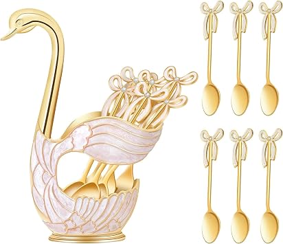Junverelle Coffee Dessert Spoon Set, Swan Base Holder Spoon, 6-Piece Dessert Spoon Set, for Coffee, Fruits, Desserts, Exquisite Small Spoon Set Gift for Dessert Enthusiasts Gold