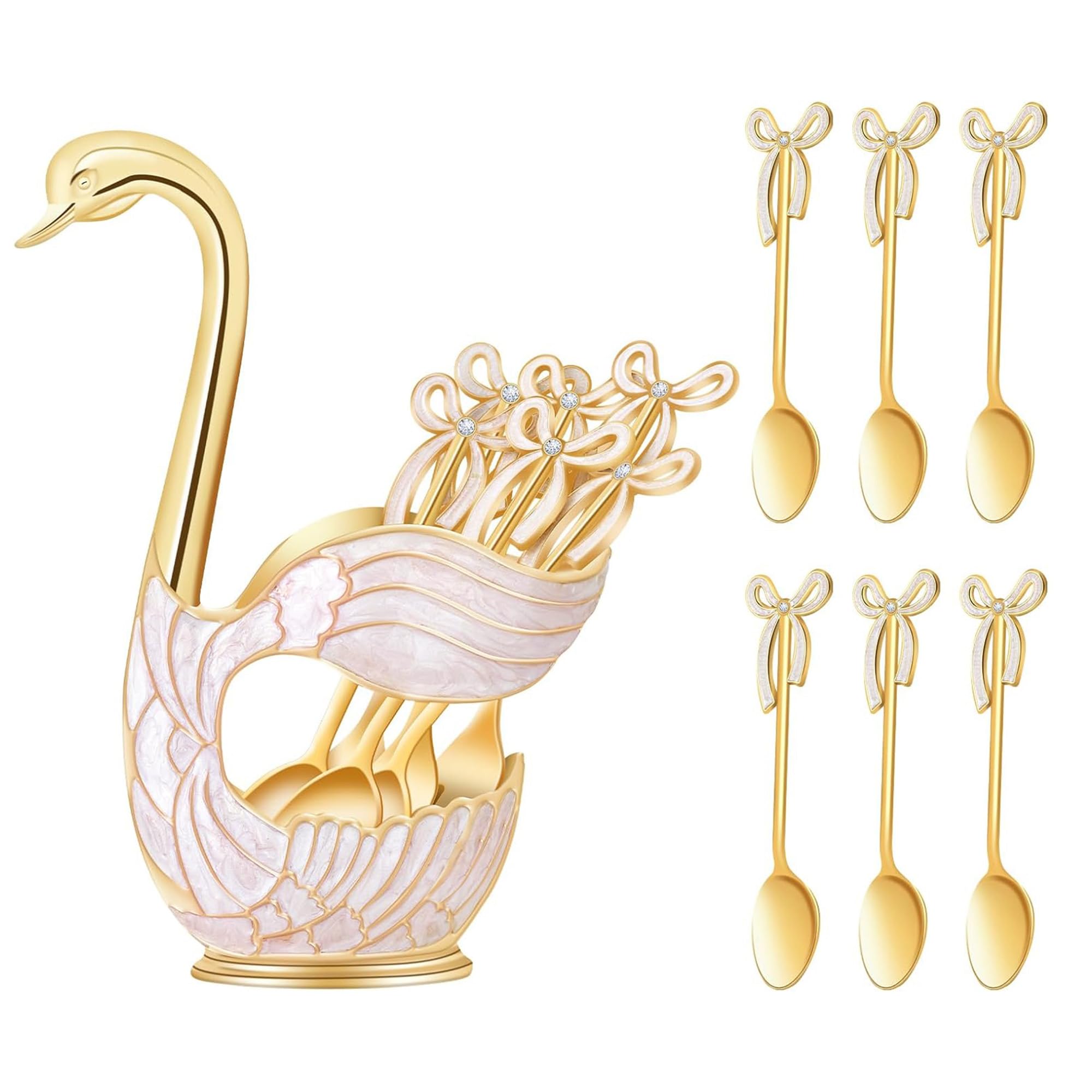 Juego de cucharas de postre de café, cuchara de soporte de base de cisne, juego de 6 cucharas de postre, para café, frutas, postres, exquisito juego de cucharas pequeñas, regalo para