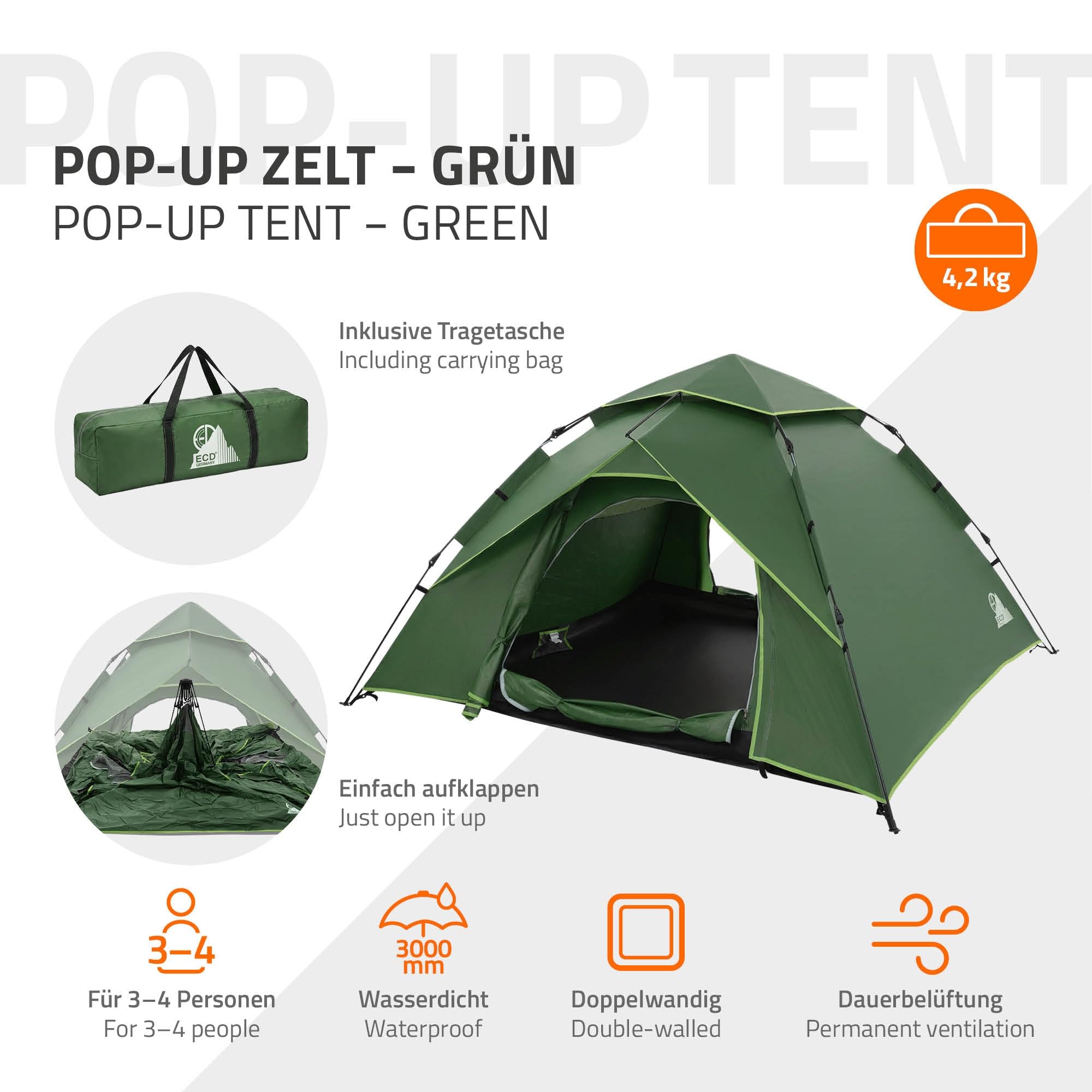 ECD Germany Tente Pop Up 4 Personnes, Résistante au Vent et Respirante, Tente de Camping Plage, Imperméable Légère, Dôme à Double Couche pour Randonnée Pêche avec Sac de Transport, Vert/Gris