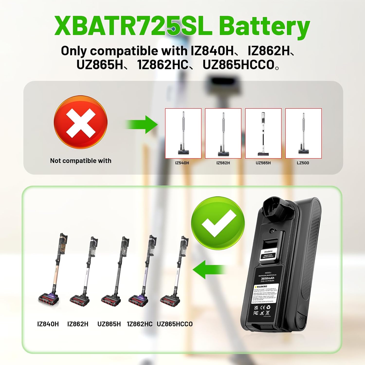 Replacement Battery for Shark XBATR725SL IZ840H,IZ862H,UZ865H, IZ862HC, UZ865HCCO Cordless Vacuum Cleaners(NOT Fits for Shark IZ540H, IZ562H, UZ565H,LZ500 Series Models)