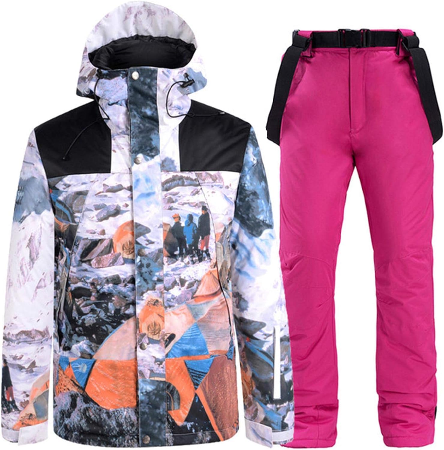 Mens Windproof Warm Ski Suits Winter Waterproof Hooded Jacket and Pants Snowsuit Set Rose Red