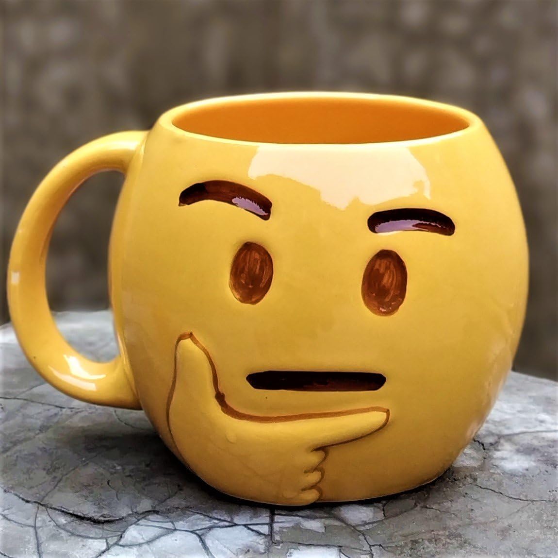 Weird Wolf Thinking Face Emoji Coffee Mug, 350 mL, Yellow