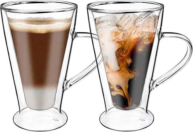 Vinsani CASA Double Walled Coffee Drink Glasses Tea Cup Mug 400ml Set of 2 Heat Cold Resistant Aesthetic Clear Borosilicate Glass with Handle Latte Cappuccino Tea Dessert Hot and Cold Drinks
