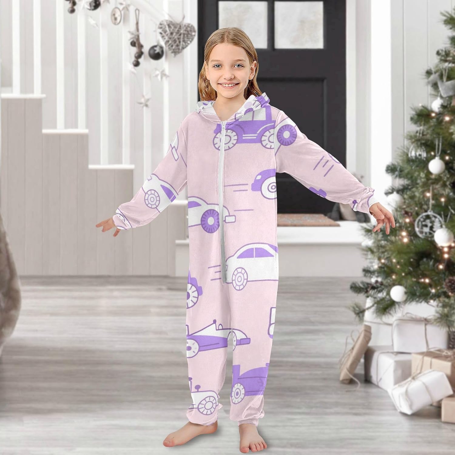 Fashion Cartoon Car Vehicle Pink and PurpleOnesie PajamasSoft Warm Hooded One-Piecing Pjsfor Christmas Home