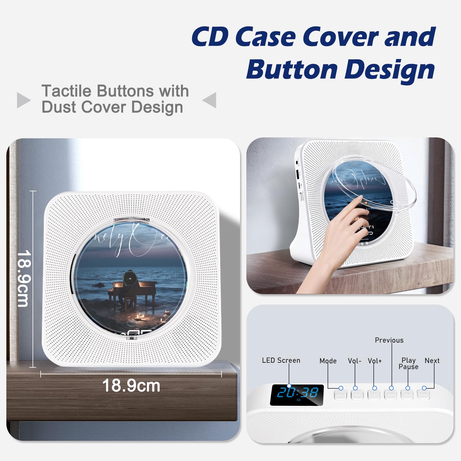 Lecteur CD Bluetooth Portable avec Radio FM, Haut-Parleurs Double, USB/AUX, Télécommande