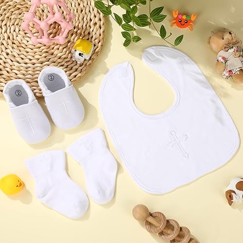 Miniatura 4 de Hicarer 5 piezas de regalos de bautismo para niños y niñas, incluyendo babero blanco bordado cruz babero bautizo zapatos y calcetines para bebé bebé