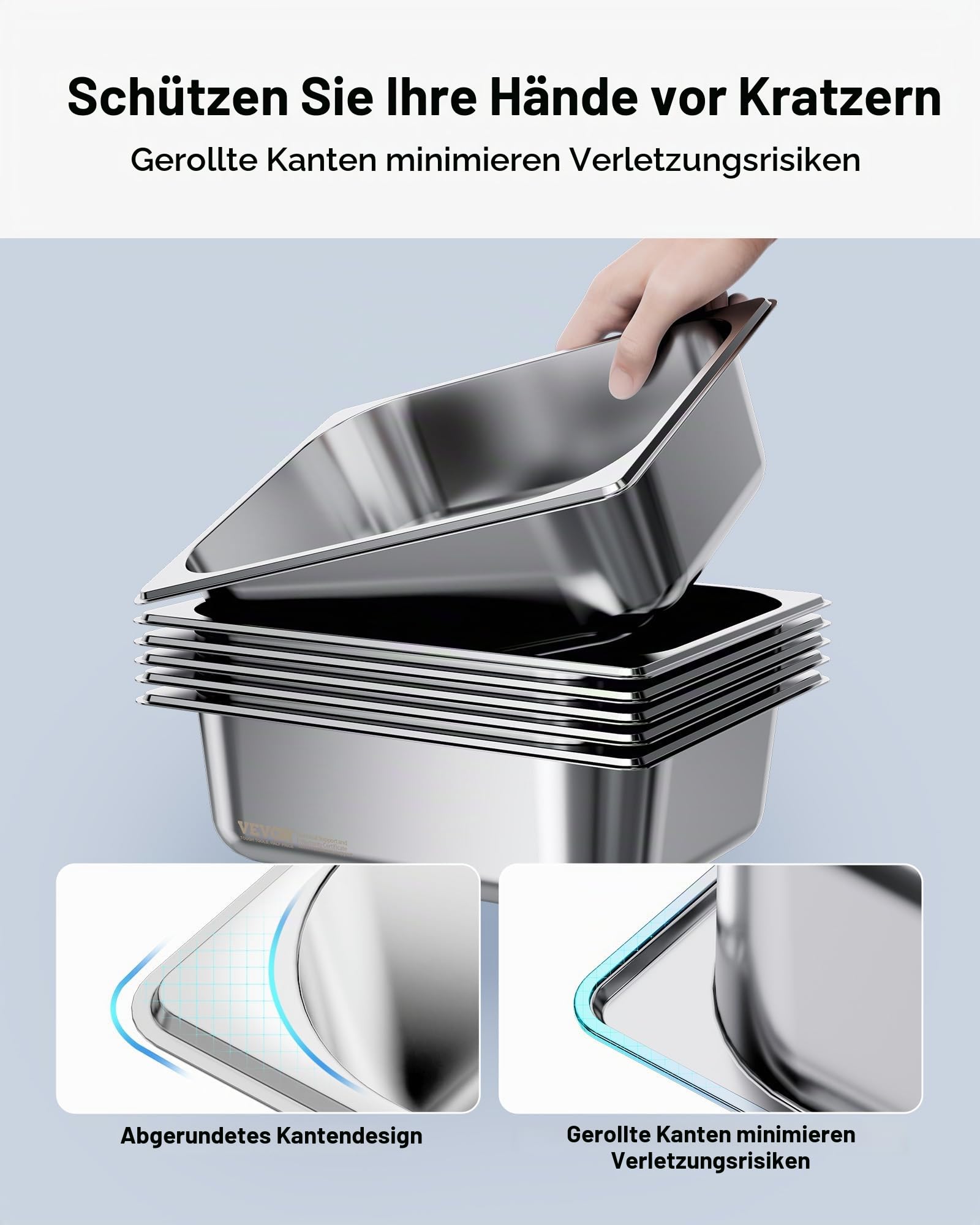 VEVOR Gastronormbehälter Hotelpfanne (1/2-Größe) 6 Stk. 6 L, wiederverwendbare Behälter (98 mm tief), rostfreie Catering-Aufbewahrung, Panierschale Speisebehälter für Party Restaurant Buffet